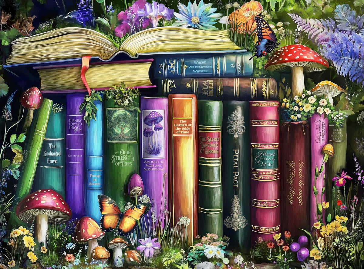 Prime Time Puzzles - 1000 Piece Jigsaw Puzzle for Adults: Wildflowers, Mushrooms & Books in Nature | 20x27 inches