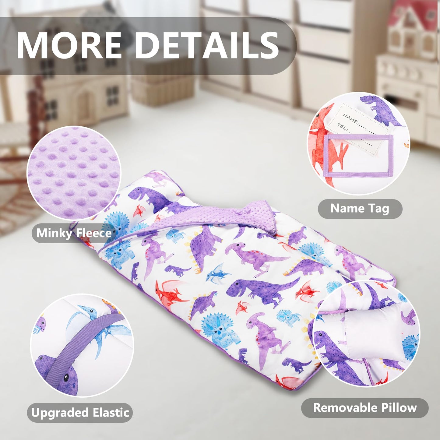 PRIMLECT Thickened Toddler Nap Mat with Removable Pillow & Minky Blanket – Extra Large 55''x35'' Dinosaur