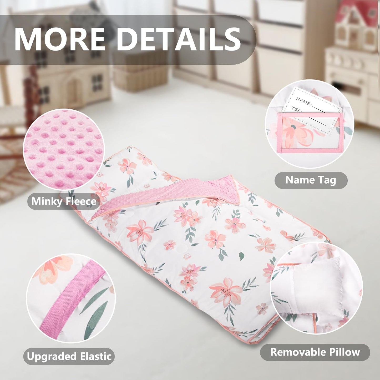 Primlect Thickened Toddler Nap Mat with Removable Pillow & Minky Blanket — Floral Pattern, Extra Large 55''x35'' for Daycare