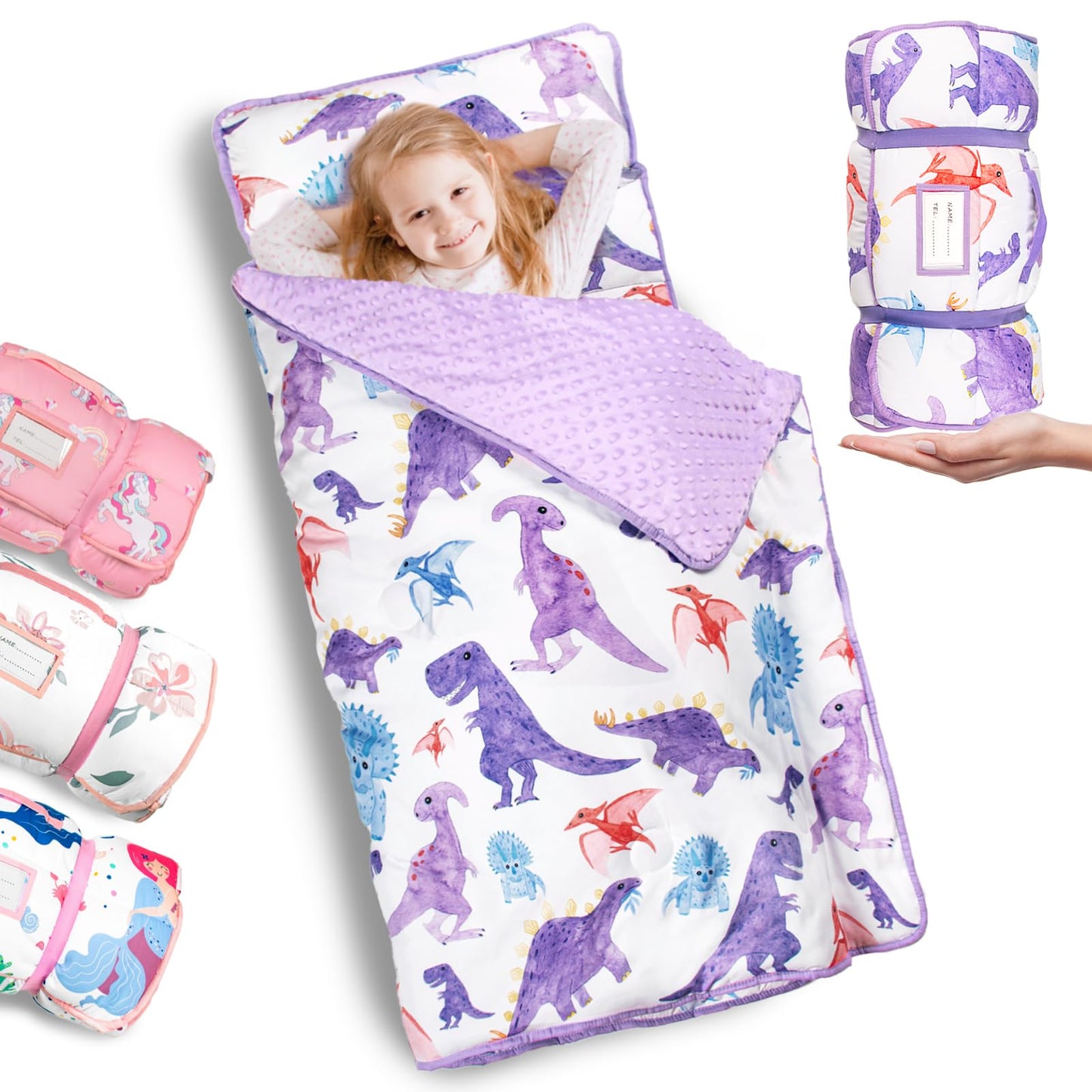 PRIMLECT Thickened Toddler Nap Mat with Removable Pillow & Minky Blanket – Extra Large 55''x35'' Dinosaur