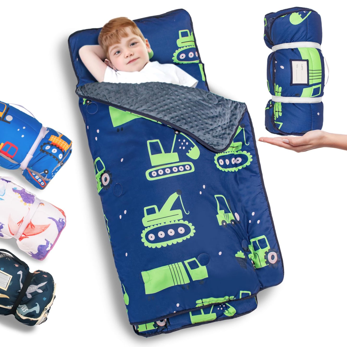 PRIMLECT Thickened Toddler Nap Mat - Excavator Pattern, Removable Pillow, Minky Blanket, 55x35 in