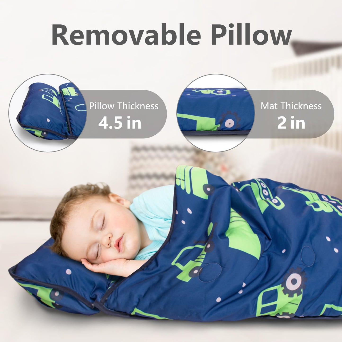 PRIMLECT Thickened Toddler Nap Mat - Excavator Pattern, Removable Pillow, Minky Blanket, 55x35 in