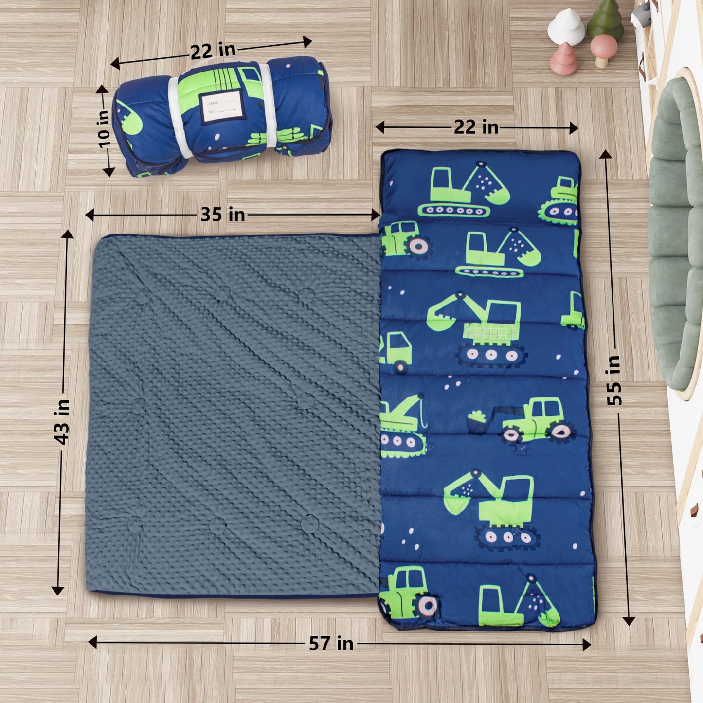 PRIMLECT Thickened Toddler Nap Mat - Excavator Pattern, Removable Pillow, Minky Blanket, 55x35 in