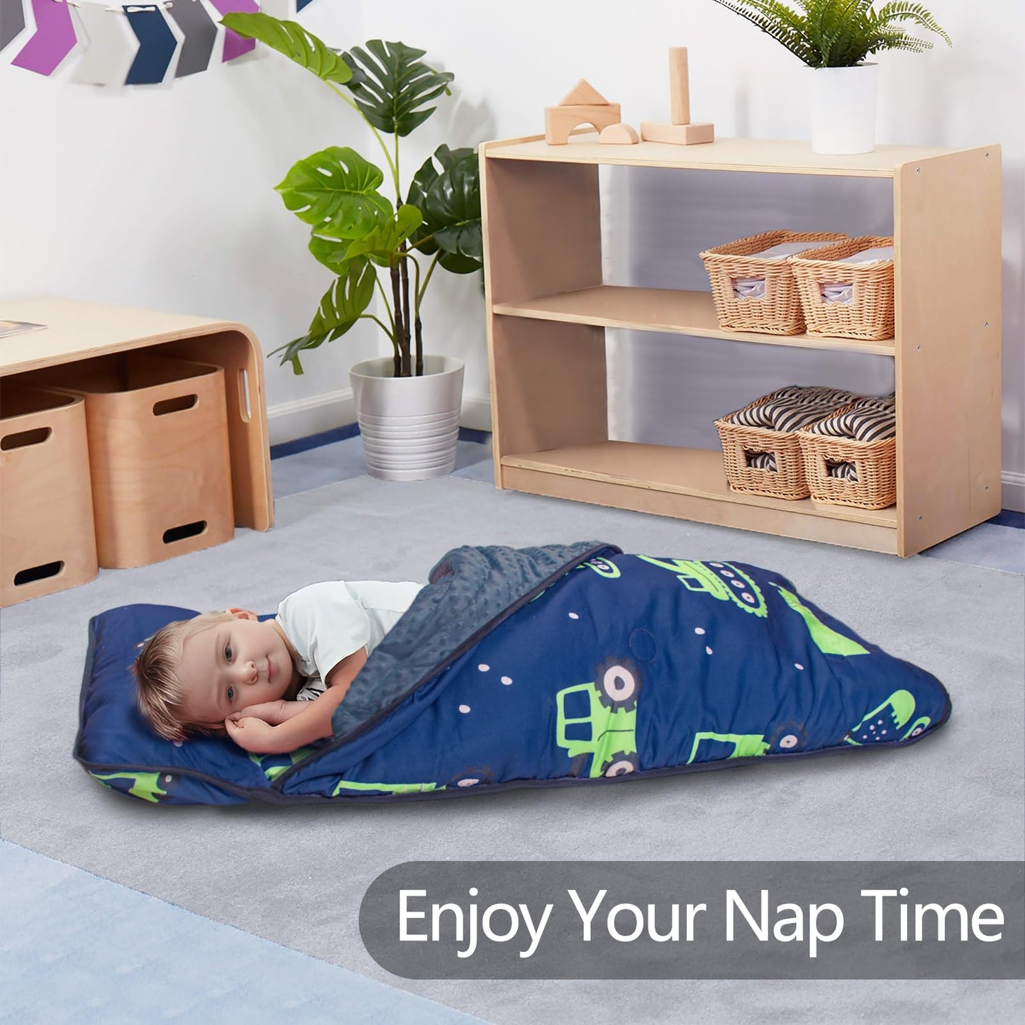 PRIMLECT Thickened Toddler Nap Mat - Excavator Pattern, Removable Pillow, Minky Blanket, 55x35 in