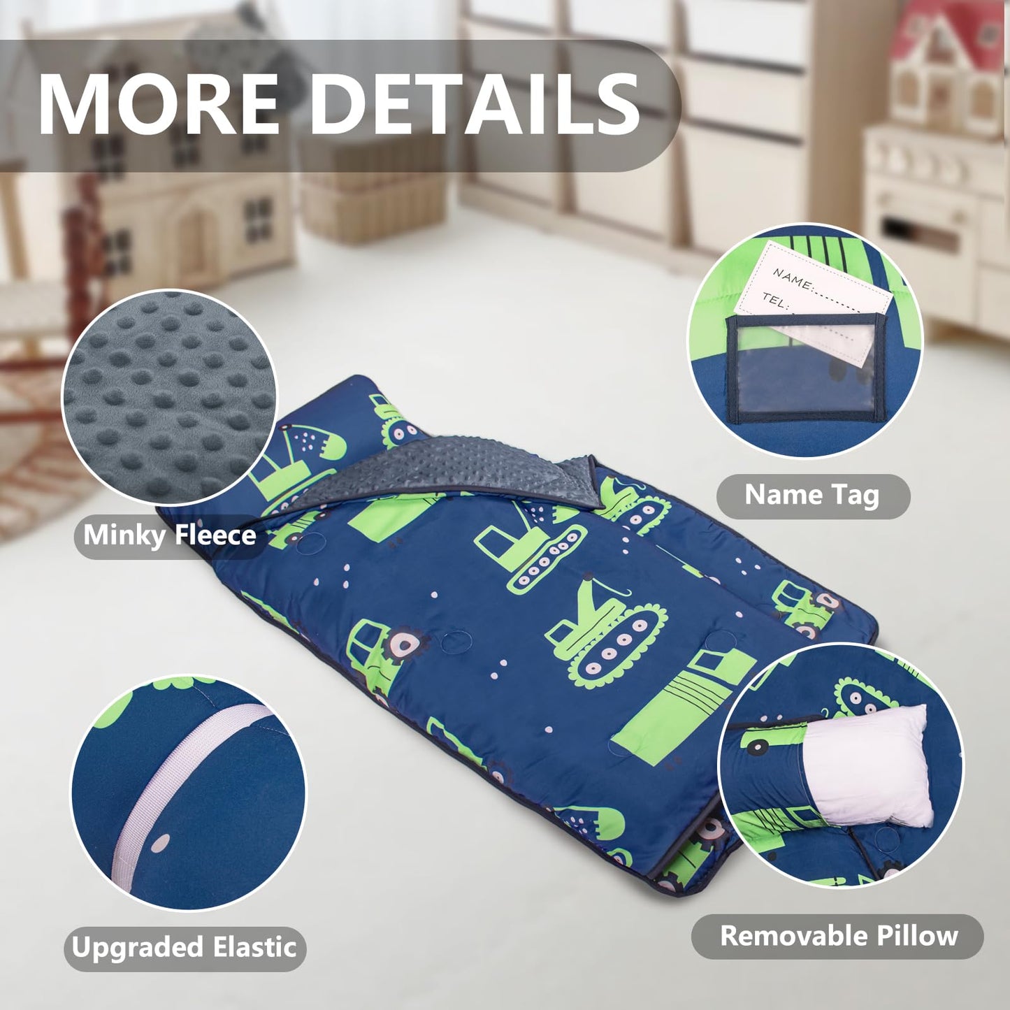 PRIMLECT Thickened Toddler Nap Mat - Excavator Pattern, Removable Pillow, Minky Blanket, 55x35 in