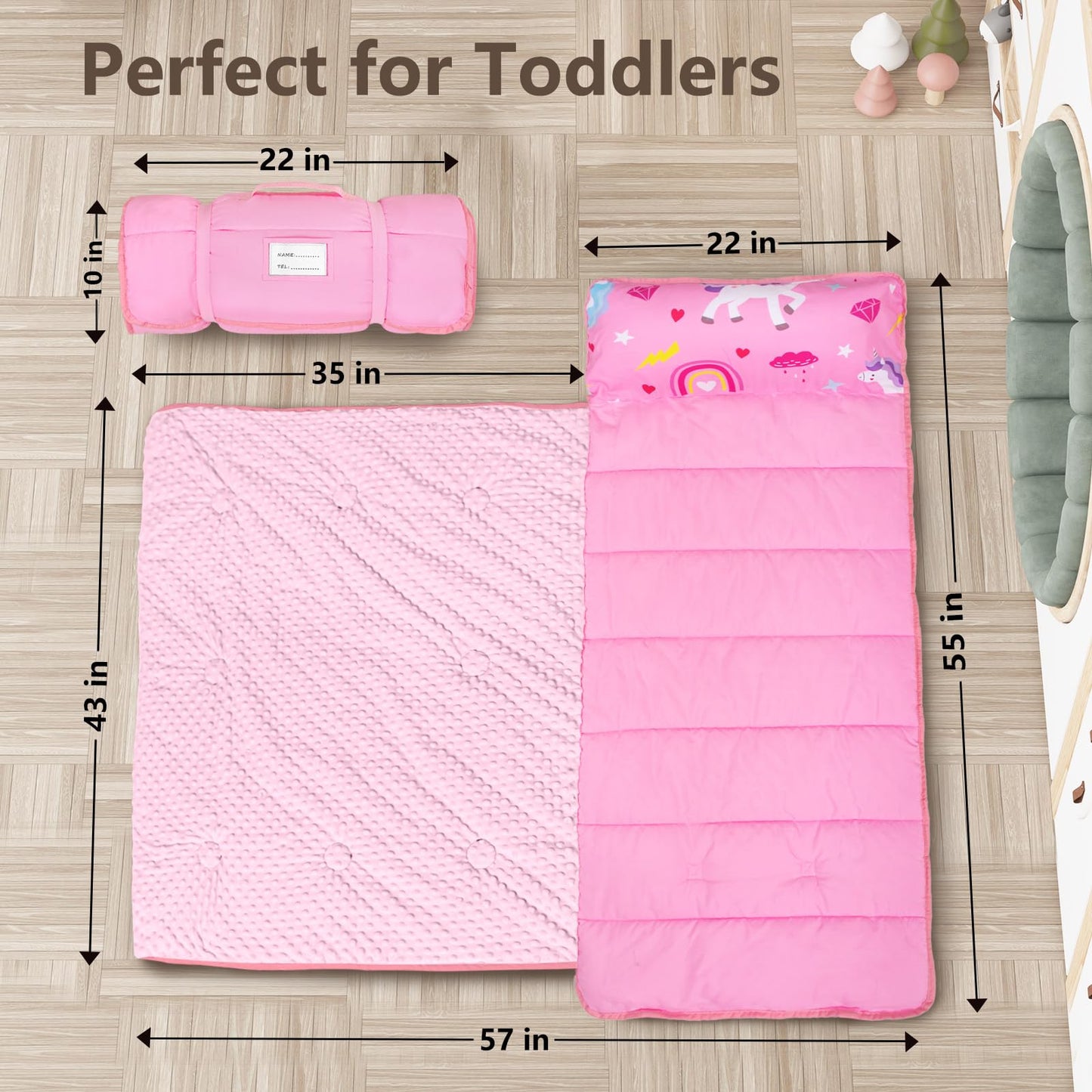 PRIMLECT Toddler Nap Mat with Removable Pillow & Fleece Blanket – 55x22