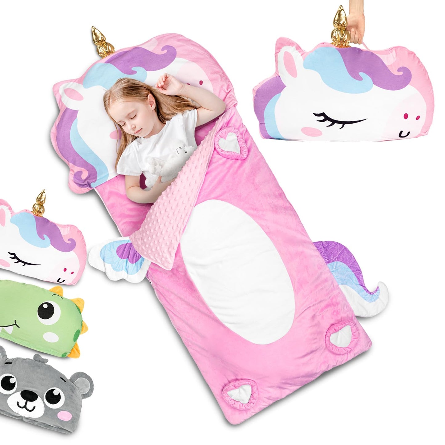 Primlect Kids Sleeping Bag with Pillow – Plush Nap Mat for Preschool & Travel (Pink)