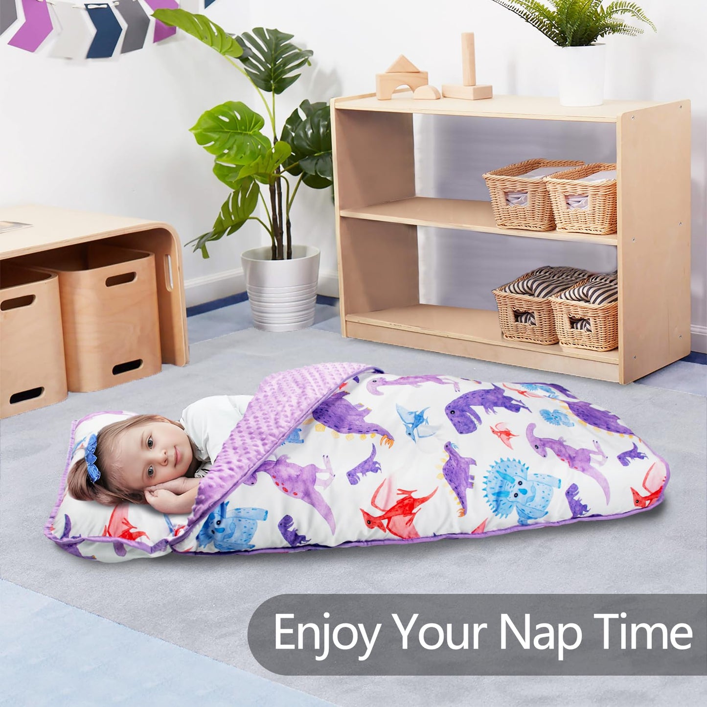 PRIMLECT Thickened Toddler Nap Mat with Removable Pillow & Minky Blanket – Extra Large 55''x35'' Dinosaur