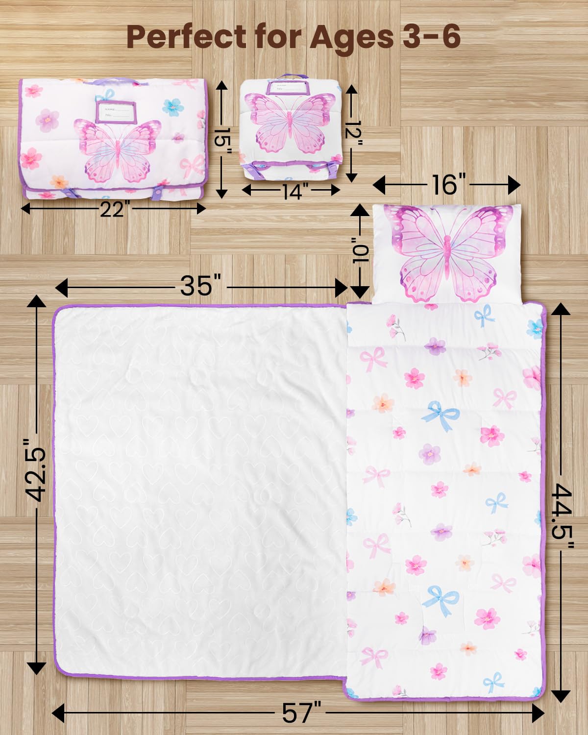 PRIMLECT Toddler Nap Mat with Removable Pillow & Flannel Blanket – Butterfly