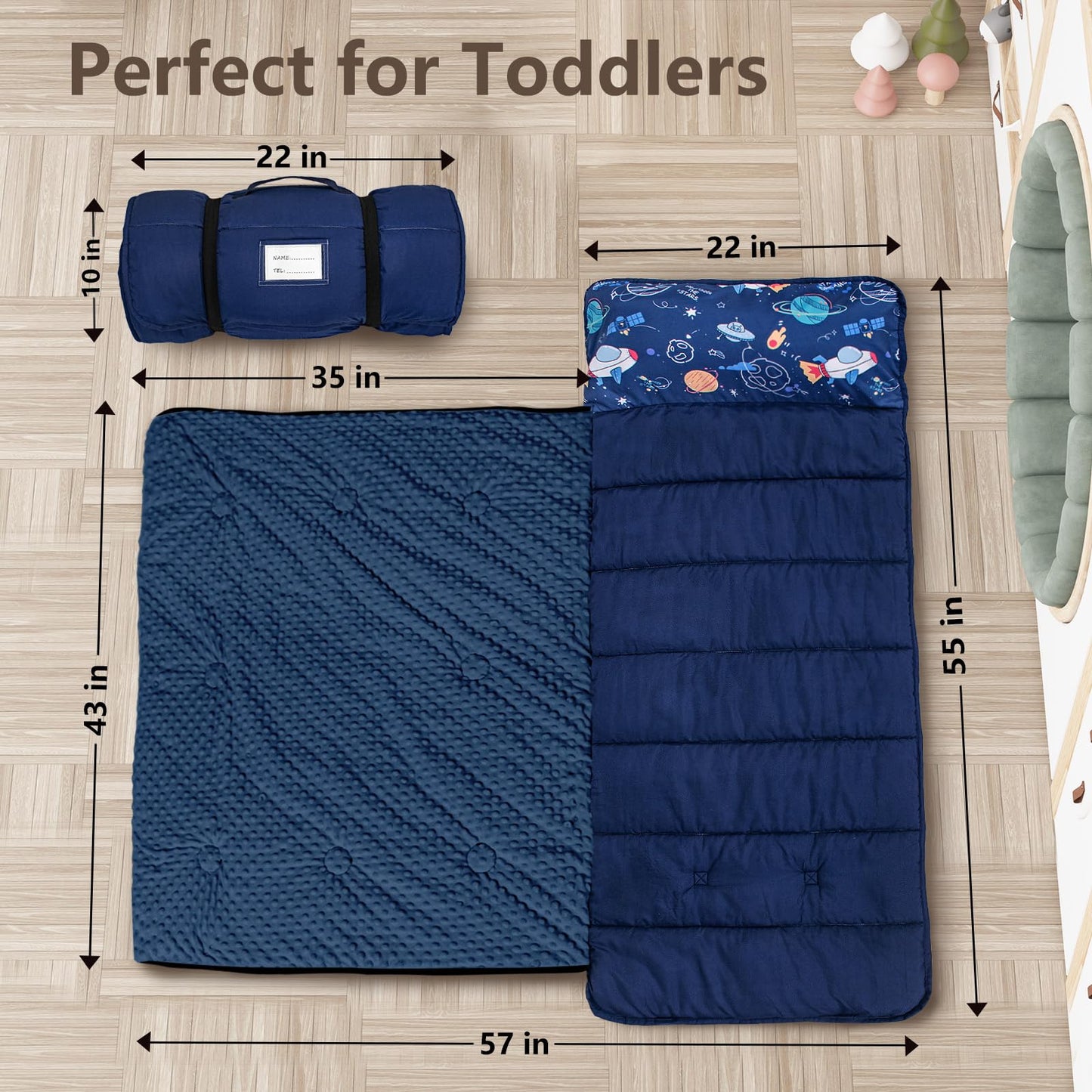 Primlect Toddler Nap Mat with Removable Pillow & Fleece Blanket – 55x22 in, Washable & Portable