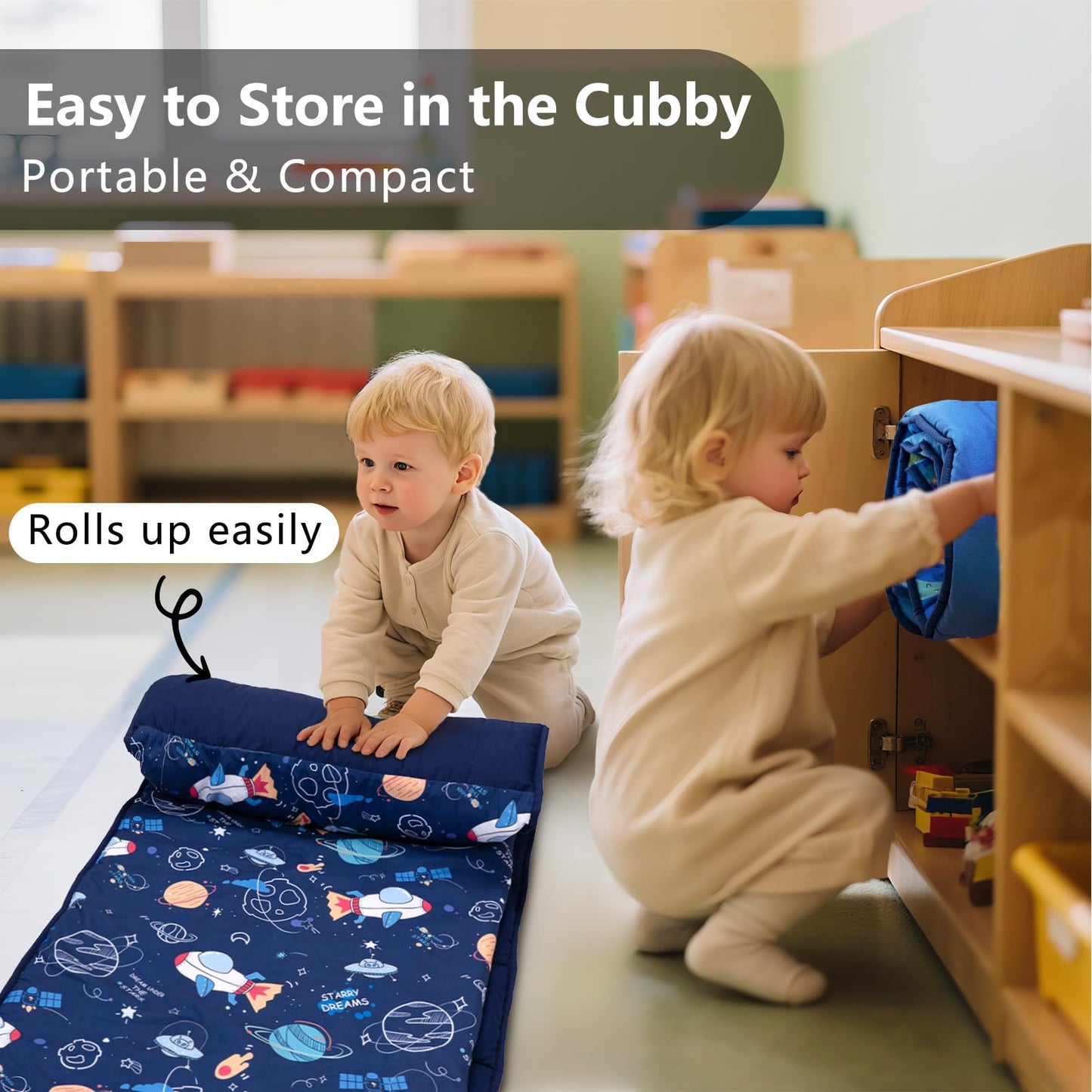 Primlect Toddler Nap Mat with Removable Pillow & Fleece Blanket – 55x22 in, Washable & Portable