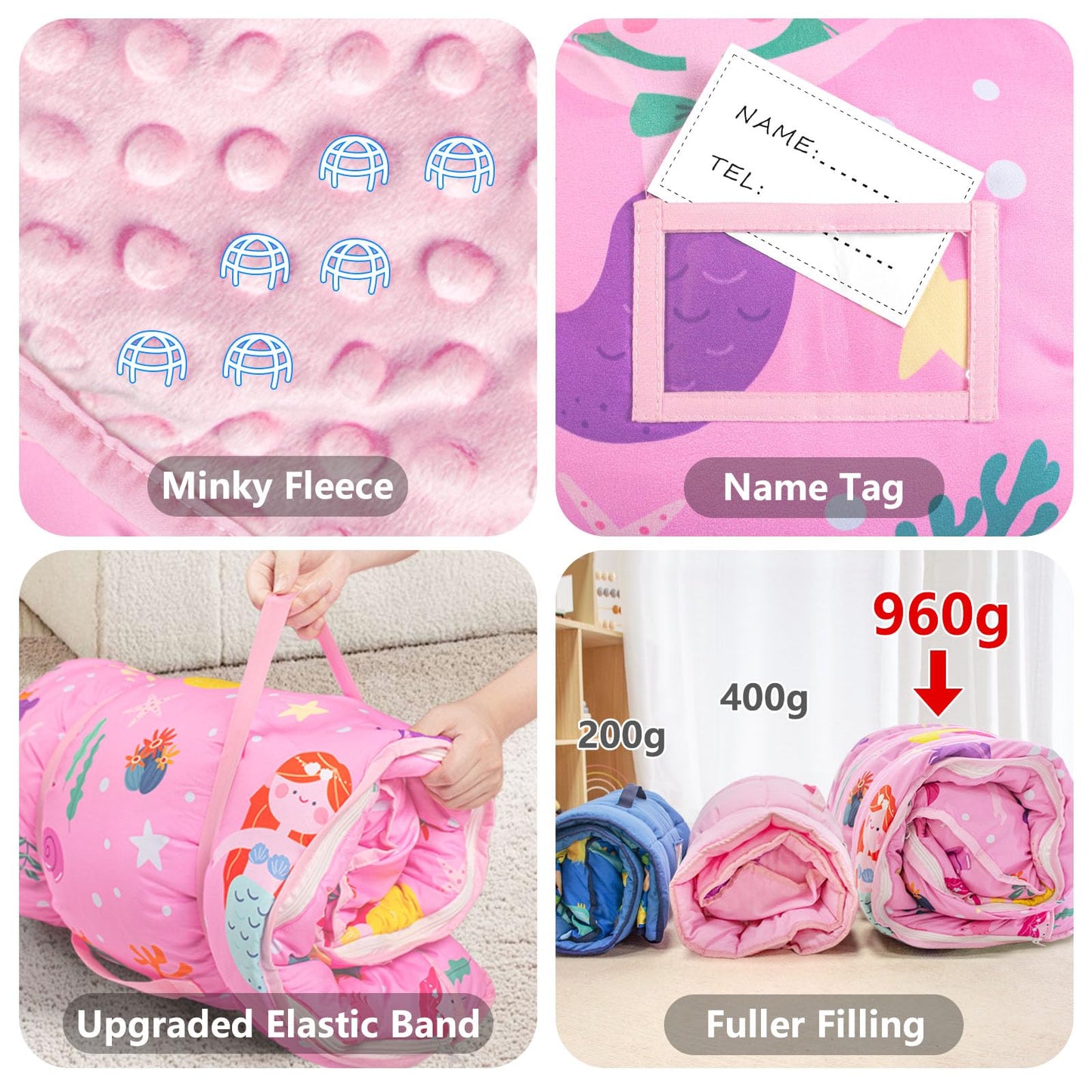 PRIMLECT Toddler Nap Mat 55x22 in – Extra Thick with Detachable Minky Blanket & Pillow (Mermaid)