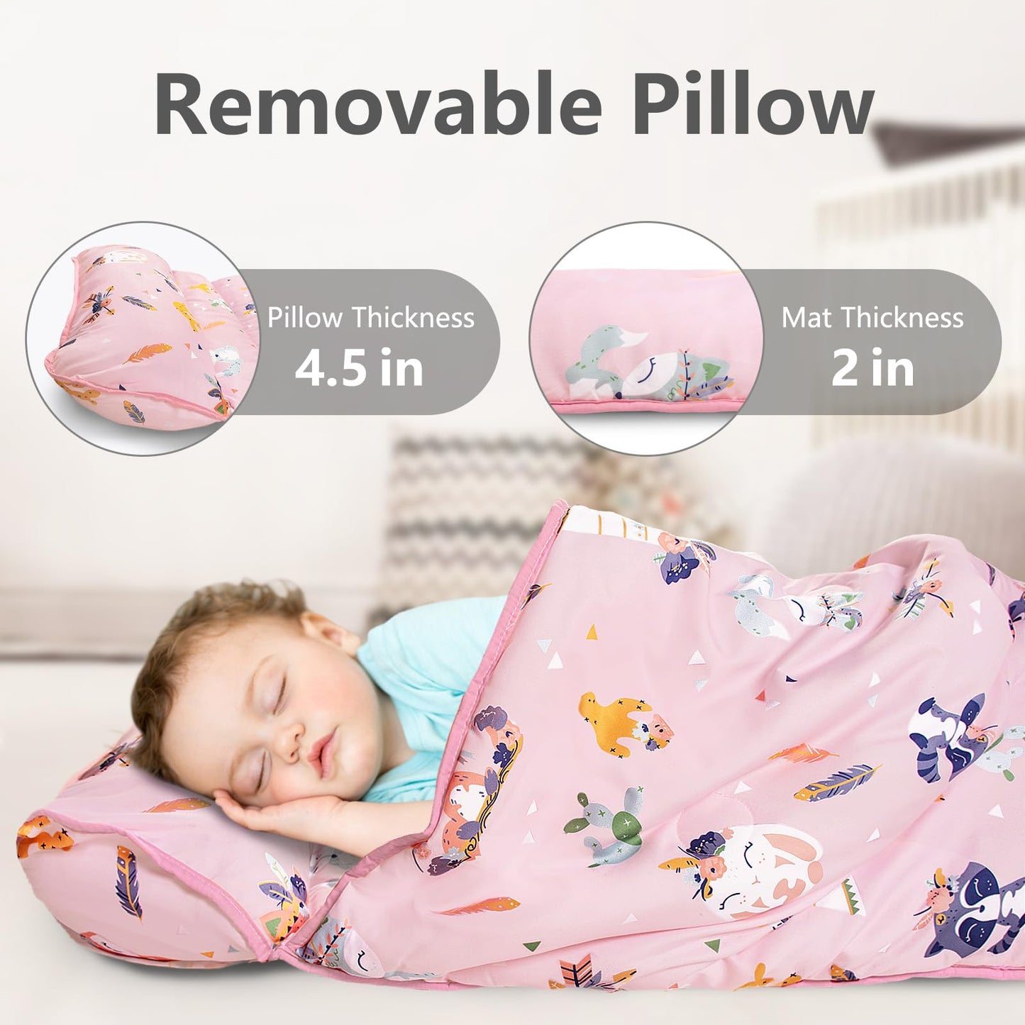 PRIMLECT Thickened Toddler Nap Mat with Removable Pillow & Minky Blanket – Extra Large 55x35 in Pink Fox