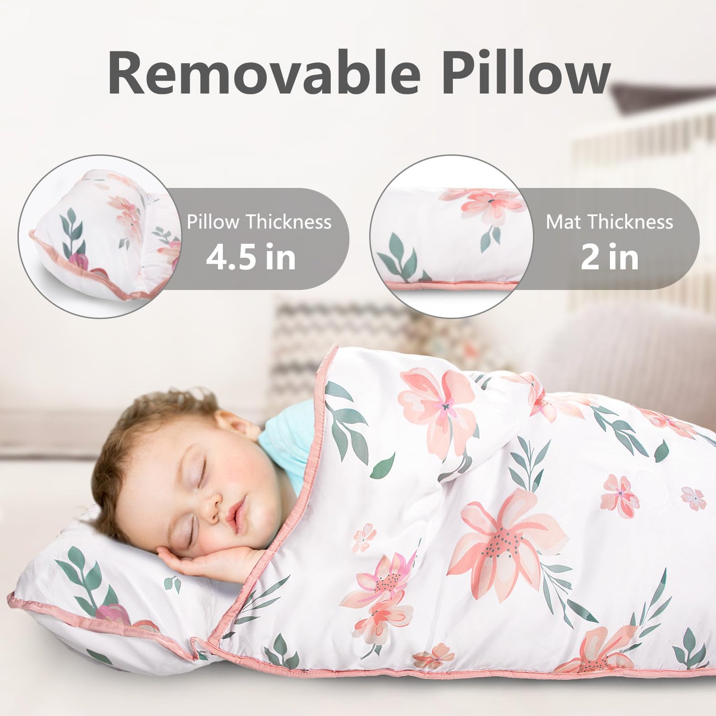 Primlect Thickened Toddler Nap Mat with Removable Pillow & Minky Blanket — Floral Pattern, Extra Large 55''x35'' for Daycare