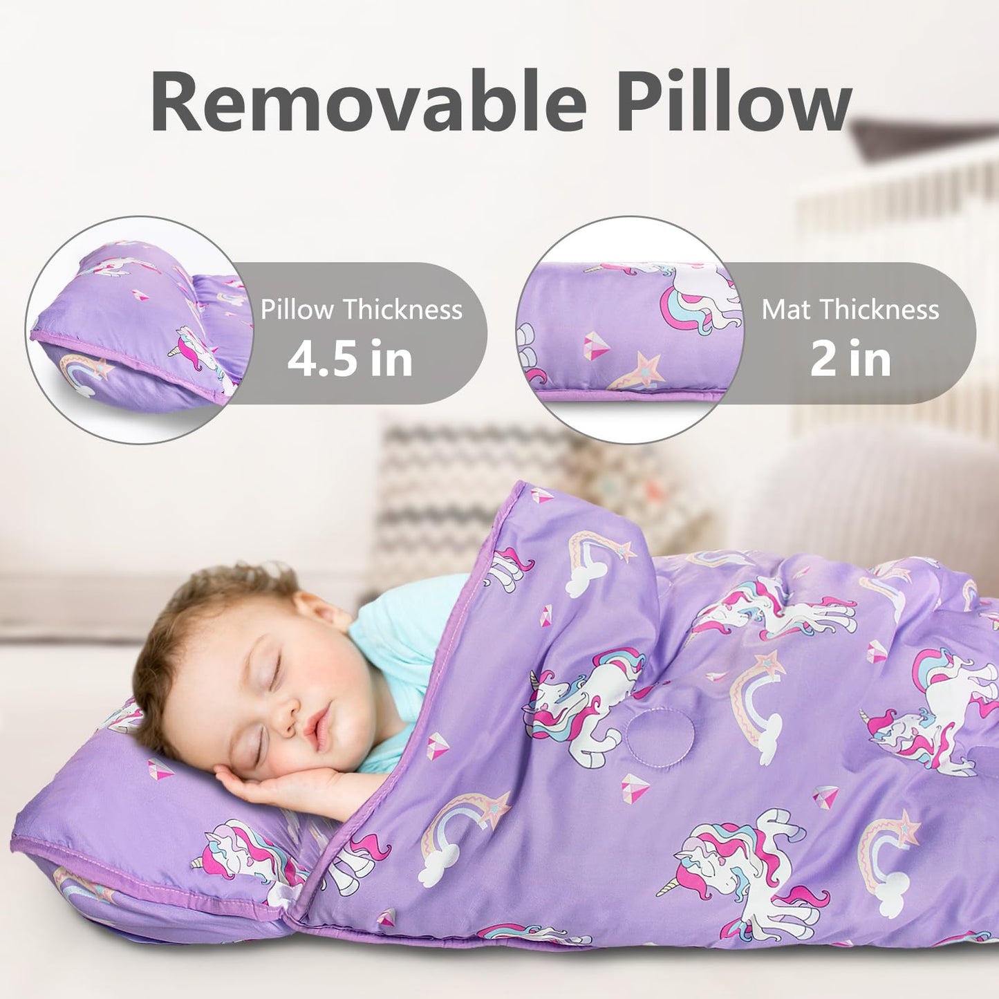 Primlect Thickened Toddler Nap Mat with Removable Pillow & Minky Blanket — Extra Large 55x35 Roll-Up