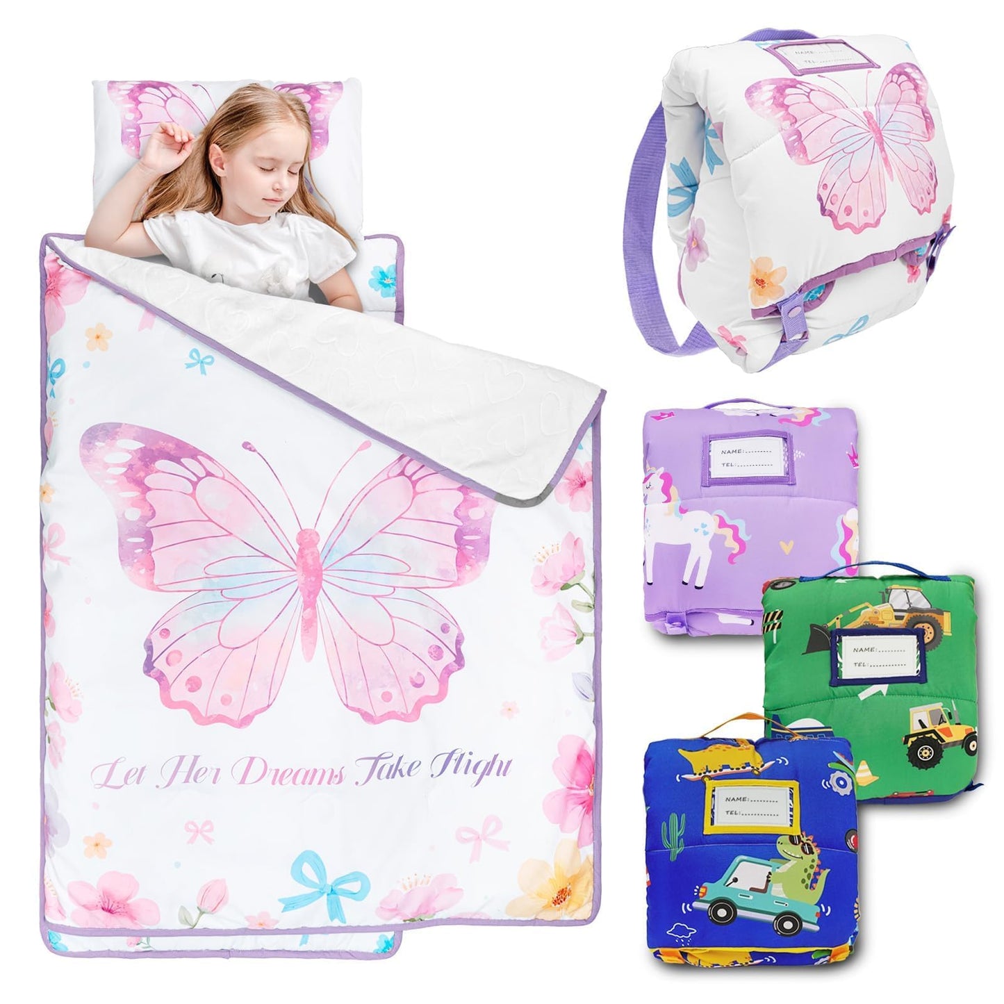 PRIMLECT Toddler Nap Mat with Removable Pillow & Flannel Blanket – Butterfly