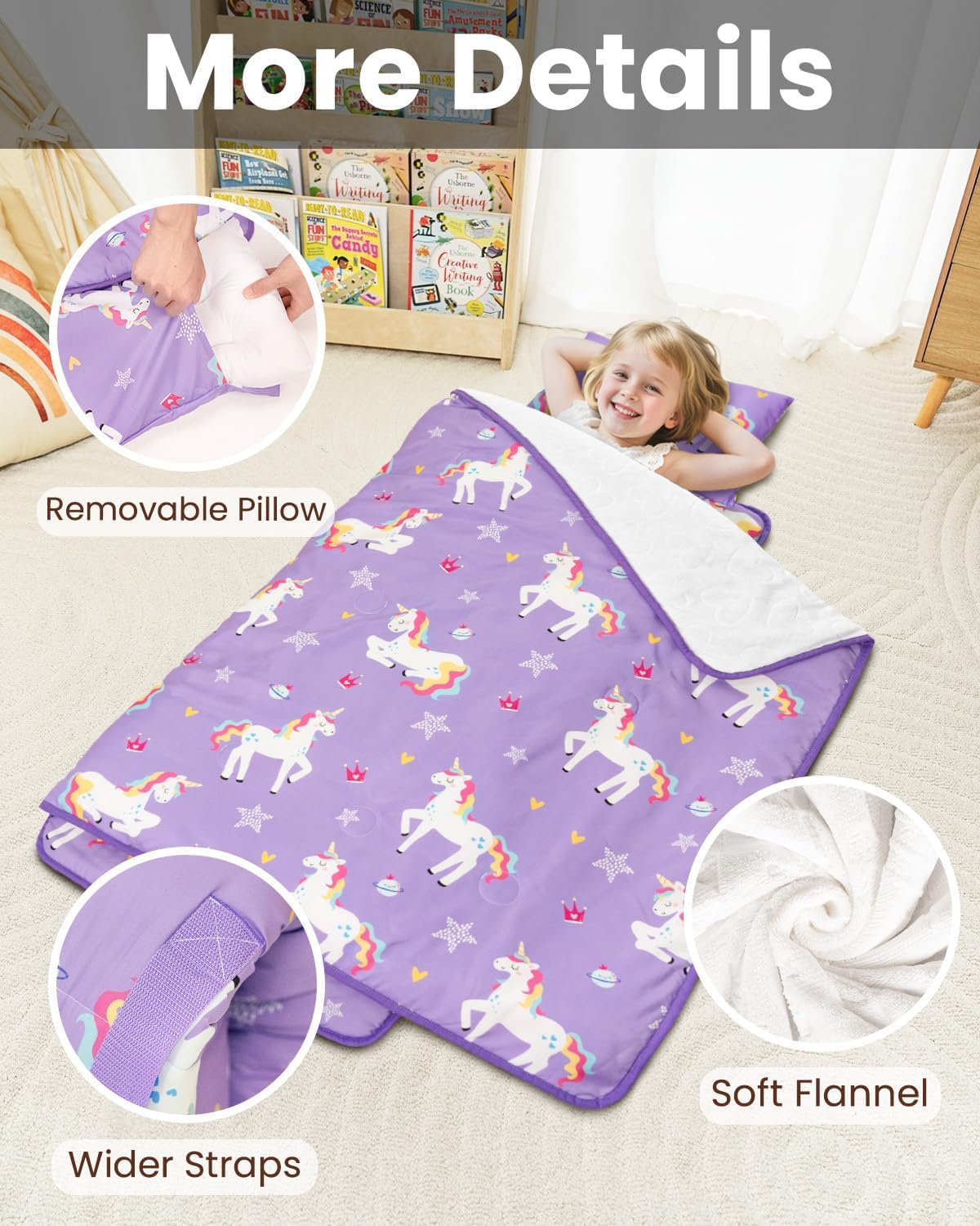 Primlect Toddler Nap Mat with Removable Pillow & Flannel Blanket | Portable Sleep Bag for Daycare, Ages 3–6 (Purple)