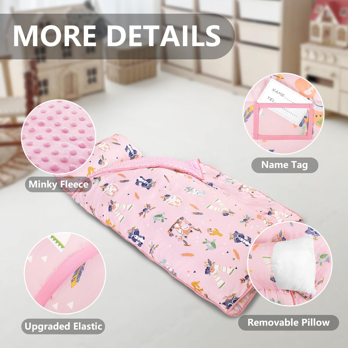 PRIMLECT Thickened Toddler Nap Mat with Removable Pillow & Minky Blanket – Extra Large 55x35 in Pink Fox