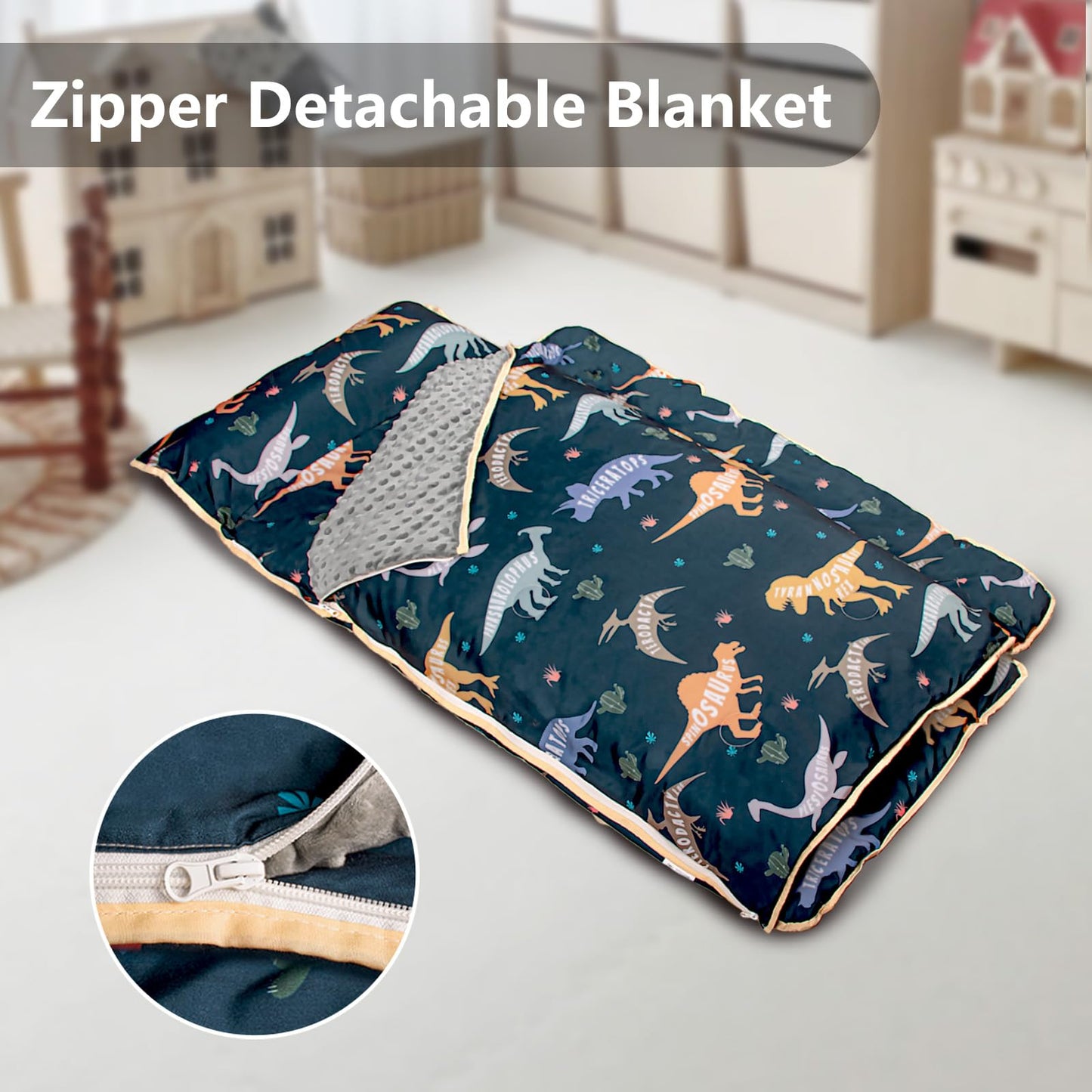 PRIMLECT Toddler Nap Mat - Extra Thick 55x22 with Detachable Minky Blanket, Dinosaur Design