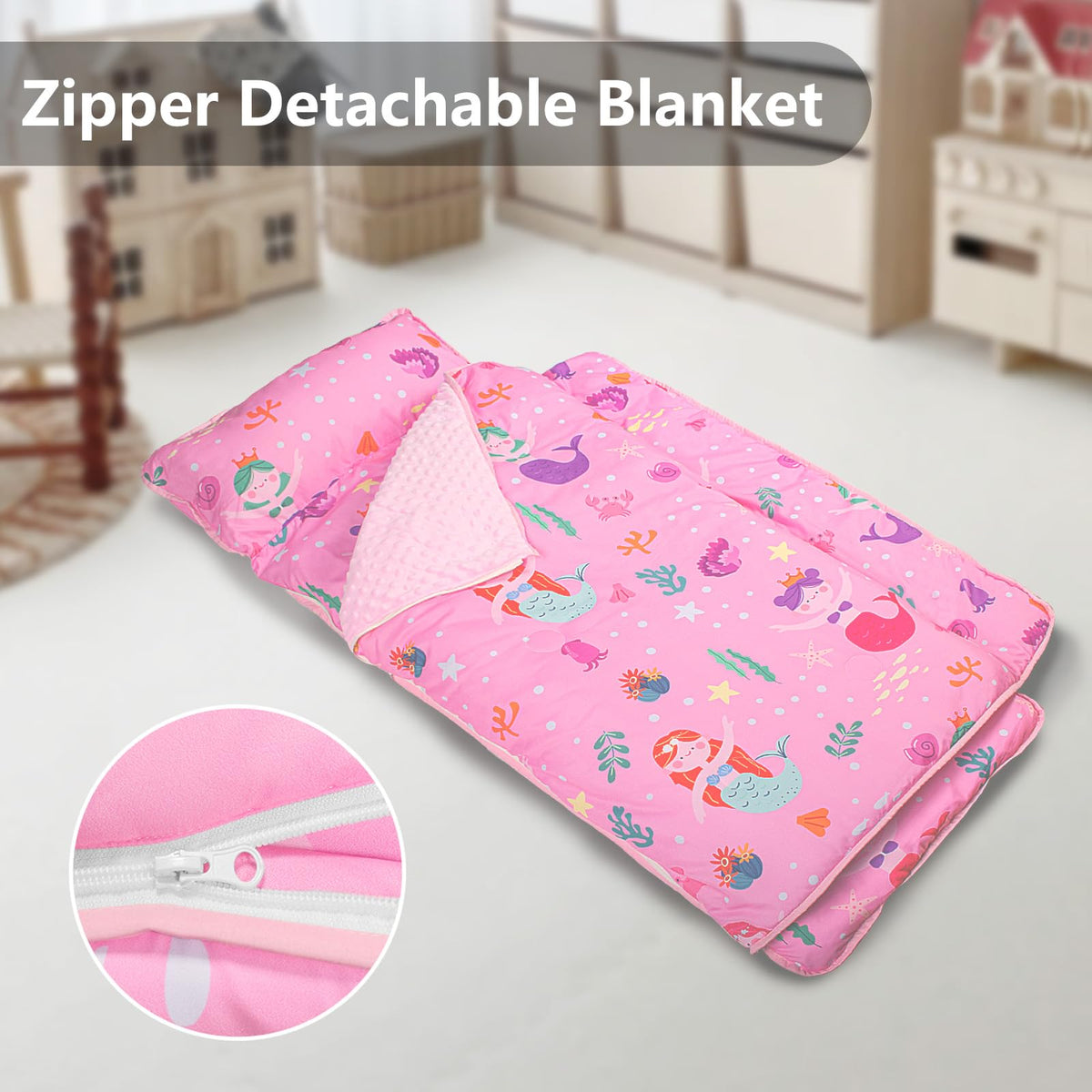 PRIMLECT Toddler Nap Mat 55x22 in – Extra Thick with Detachable Minky Blanket & Pillow (Mermaid)