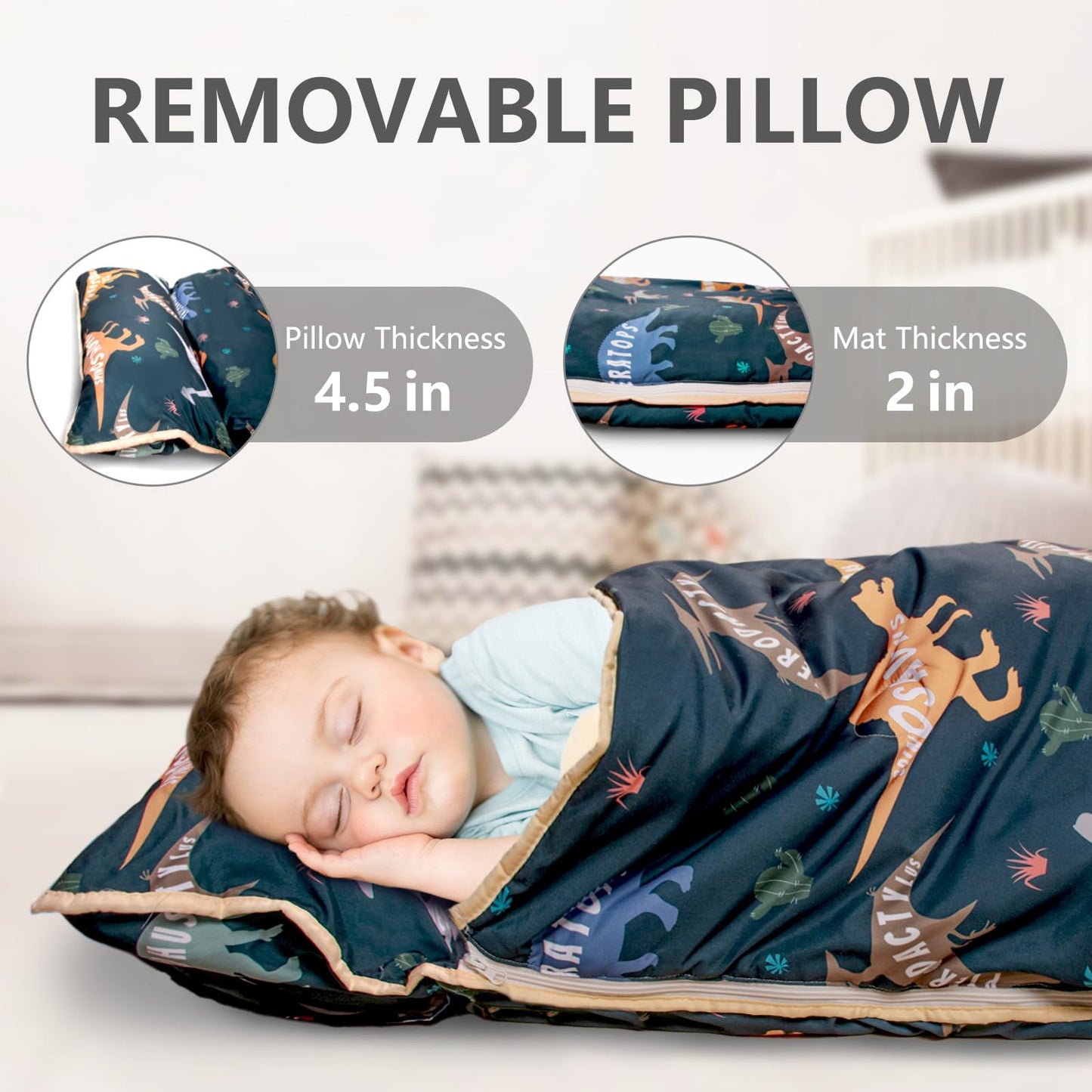 PRIMLECT Toddler Nap Mat - Extra Thick 55x22 with Detachable Minky Blanket, Dinosaur Design