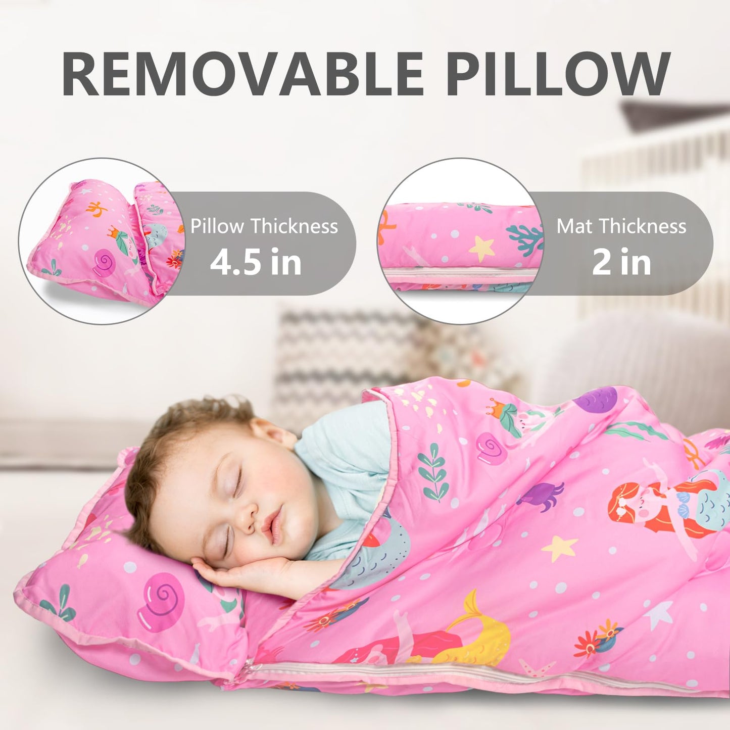 PRIMLECT Toddler Nap Mat 55x22 in – Extra Thick with Detachable Minky Blanket & Pillow (Mermaid)