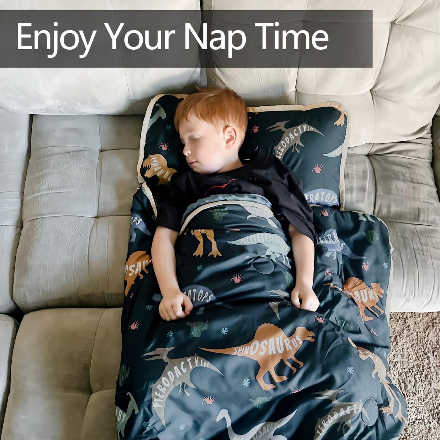 PRIMLECT Toddler Nap Mat - Extra Thick 55x22 with Detachable Minky Blanket, Dinosaur Design