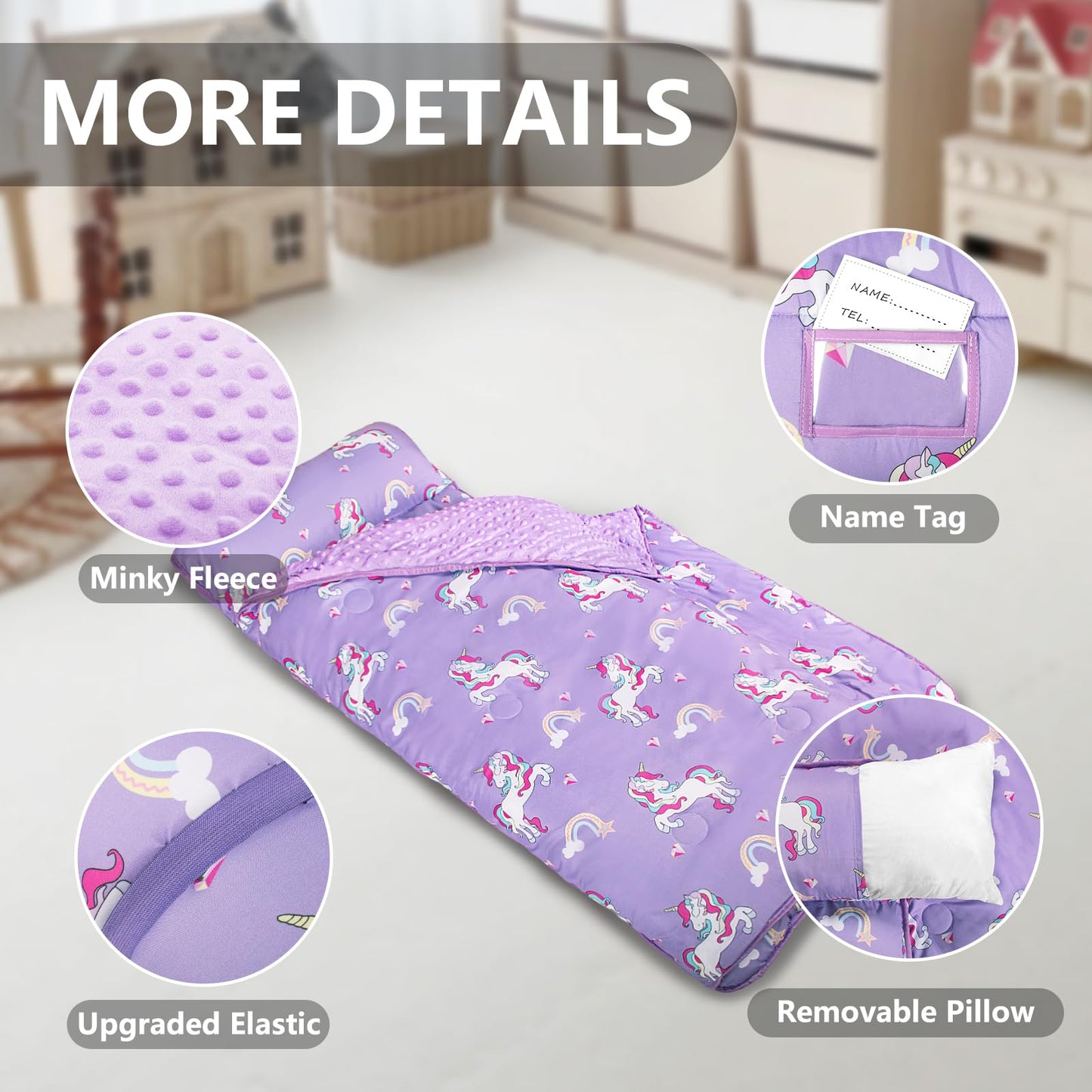 Primlect Thickened Toddler Nap Mat with Removable Pillow & Minky Blanket — Extra Large 55x35 Roll-Up