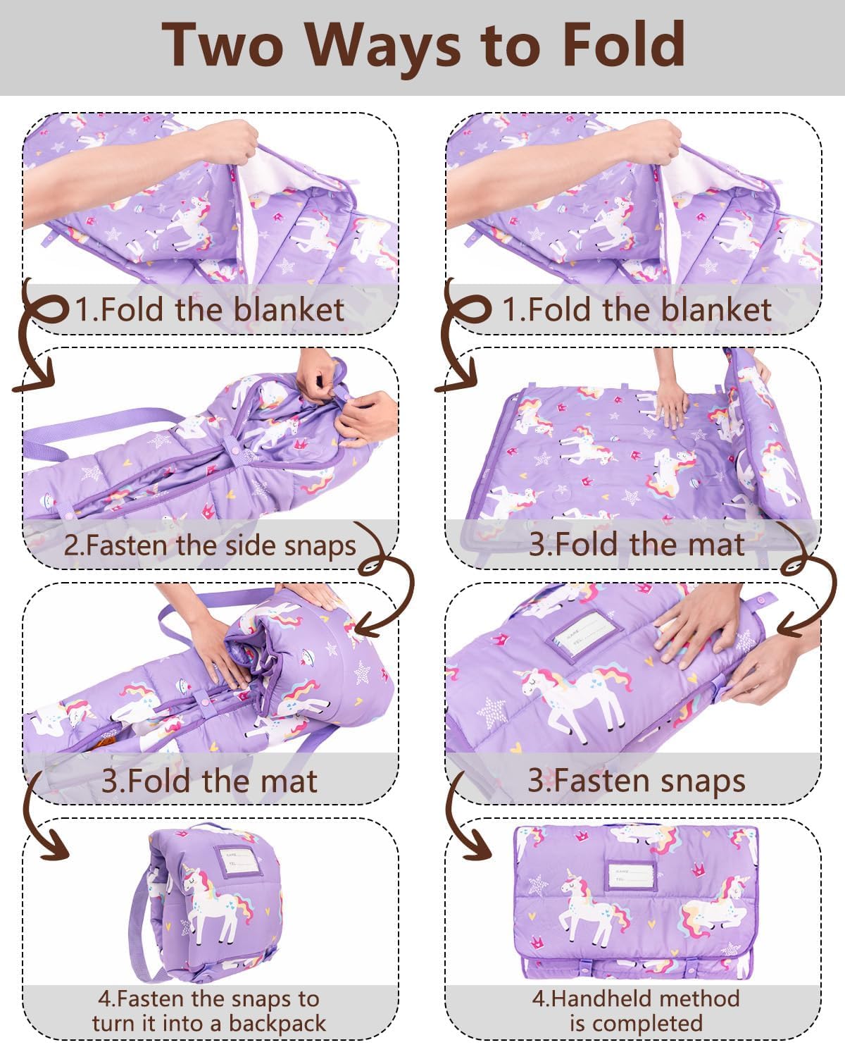 Primlect Toddler Nap Mat with Removable Pillow & Flannel Blanket | Portable Sleep Bag for Daycare, Ages 3–6 (Purple)