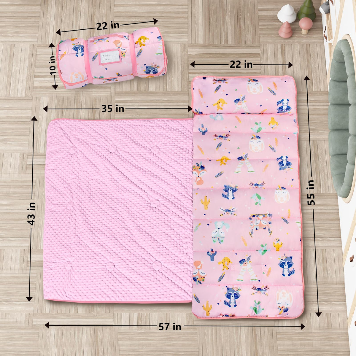 PRIMLECT Thickened Toddler Nap Mat with Removable Pillow & Minky Blanket – Extra Large 55x35 in Pink Fox