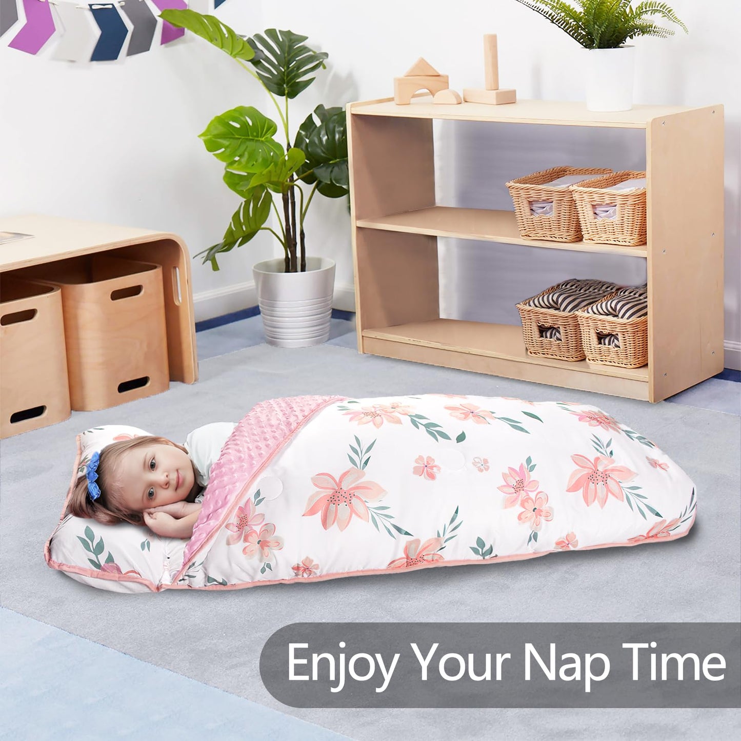 Primlect Thickened Toddler Nap Mat with Removable Pillow & Minky Blanket — Floral Pattern, Extra Large 55''x35'' for Daycare