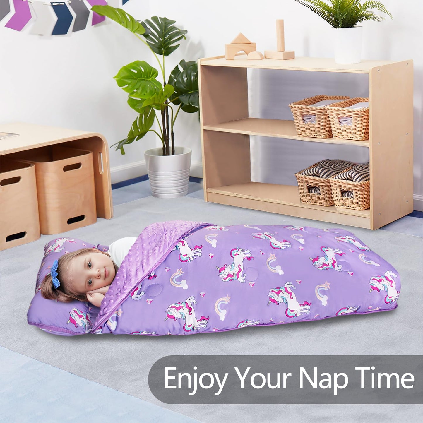 Primlect Thickened Toddler Nap Mat with Removable Pillow & Minky Blanket — Extra Large 55x35 Roll-Up