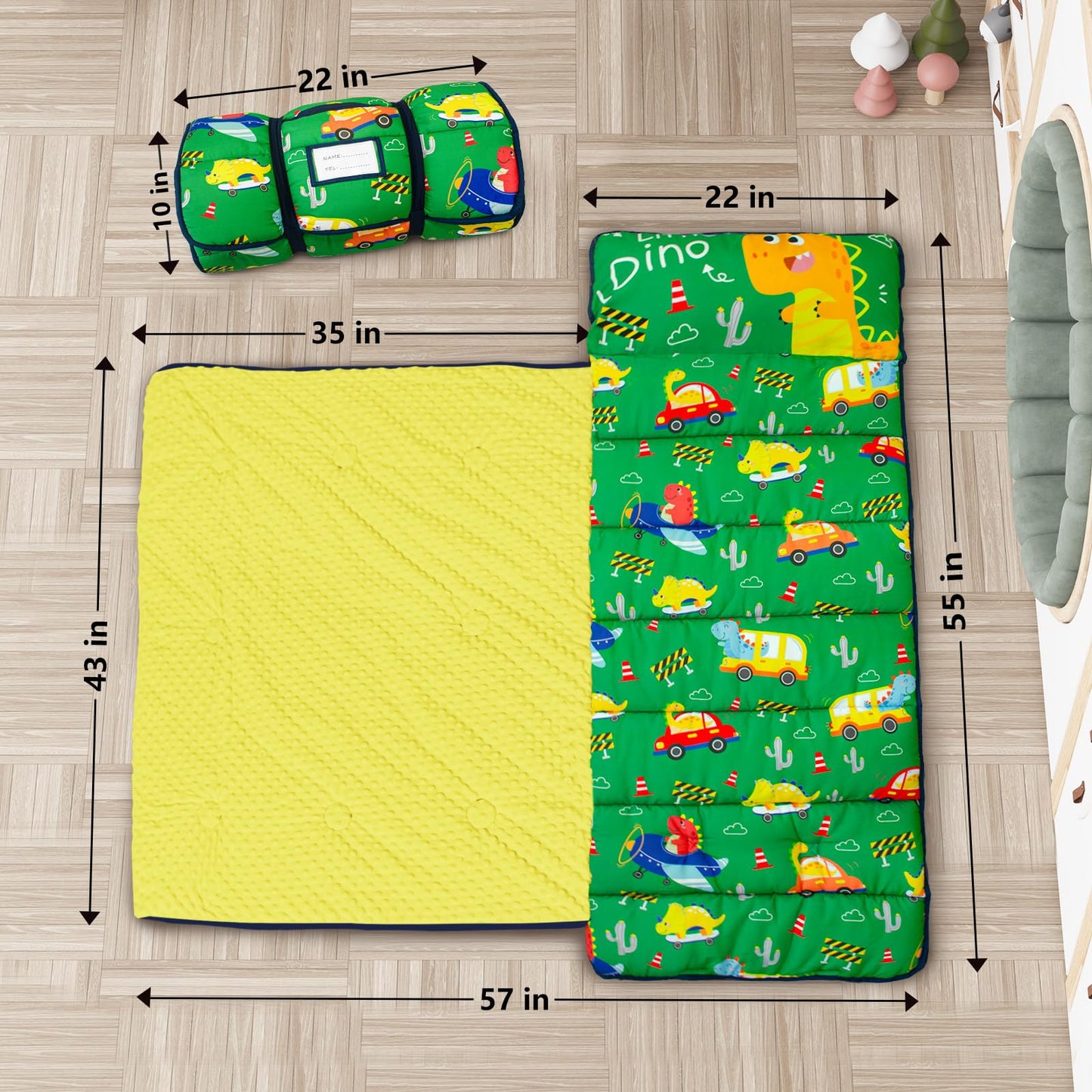 PRIMLECT Thickened Toddler Nap Mat with Removable Pillow & Minky Blanket — 55''x35'', Washable & Rollable