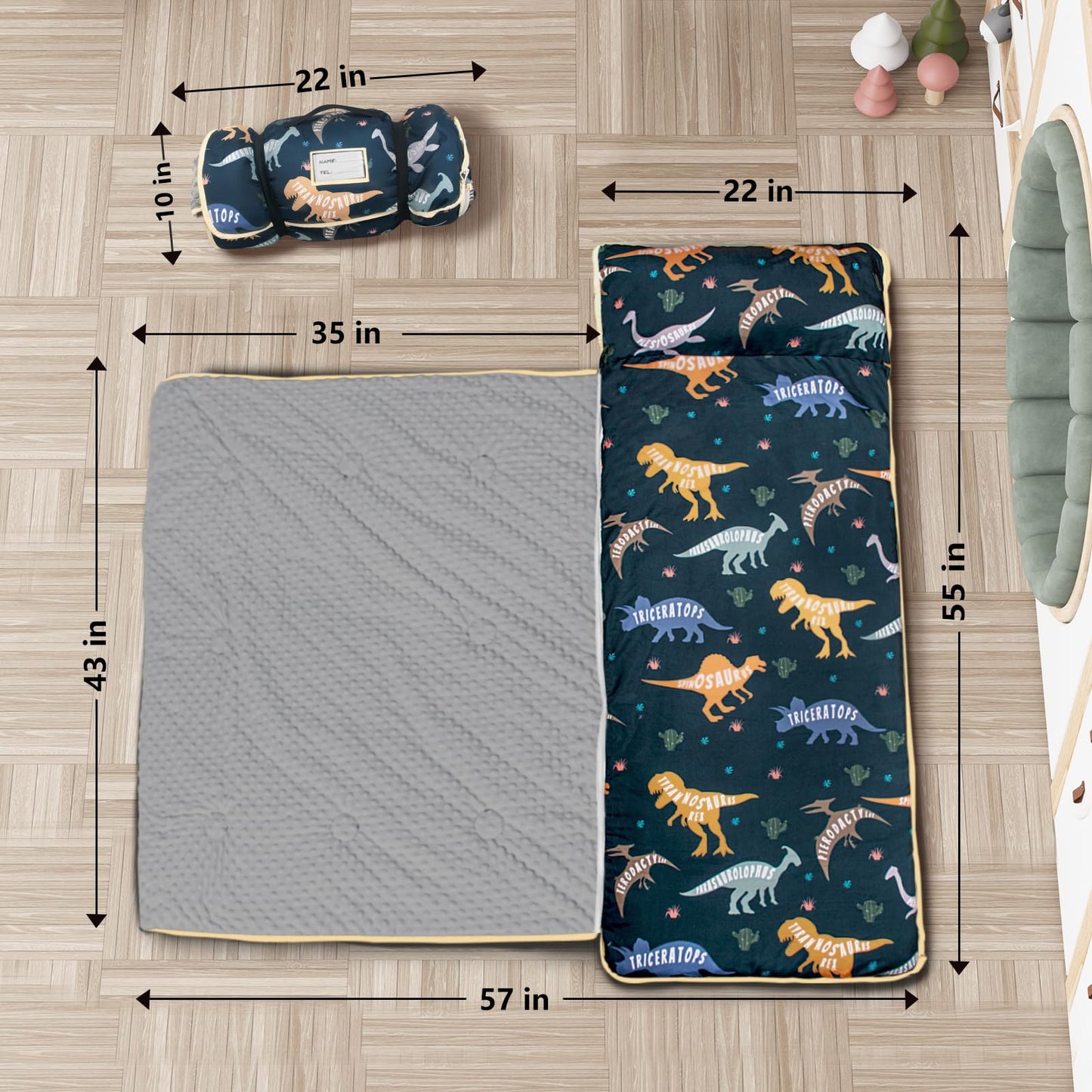 PRIMLECT Toddler Nap Mat - Extra Thick 55x22 with Detachable Minky Blanket, Dinosaur Design