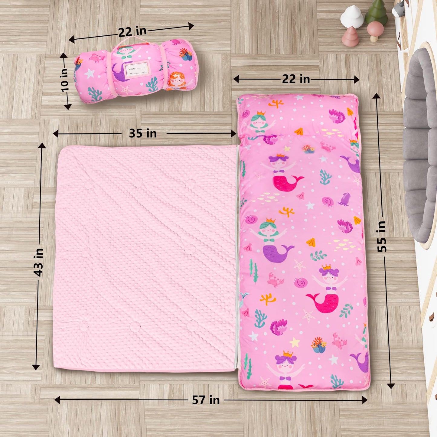 PRIMLECT Toddler Nap Mat 55x22 in – Extra Thick with Detachable Minky Blanket & Pillow (Mermaid)