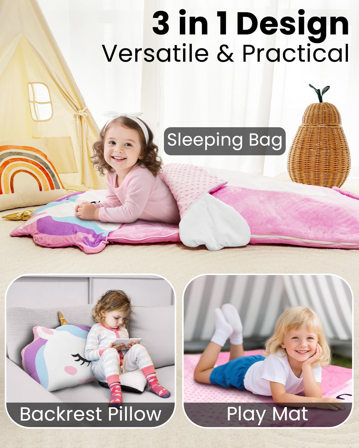 Primlect Kids Sleeping Bag with Pillow – Plush Nap Mat for Preschool & Travel (Pink)