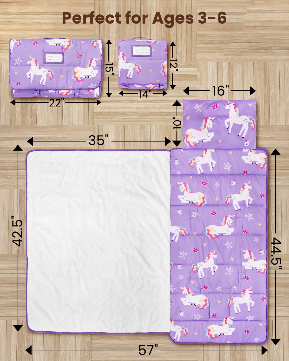 Primlect Toddler Nap Mat with Removable Pillow & Flannel Blanket | Portable Sleep Bag for Daycare, Ages 3–6 (Purple)