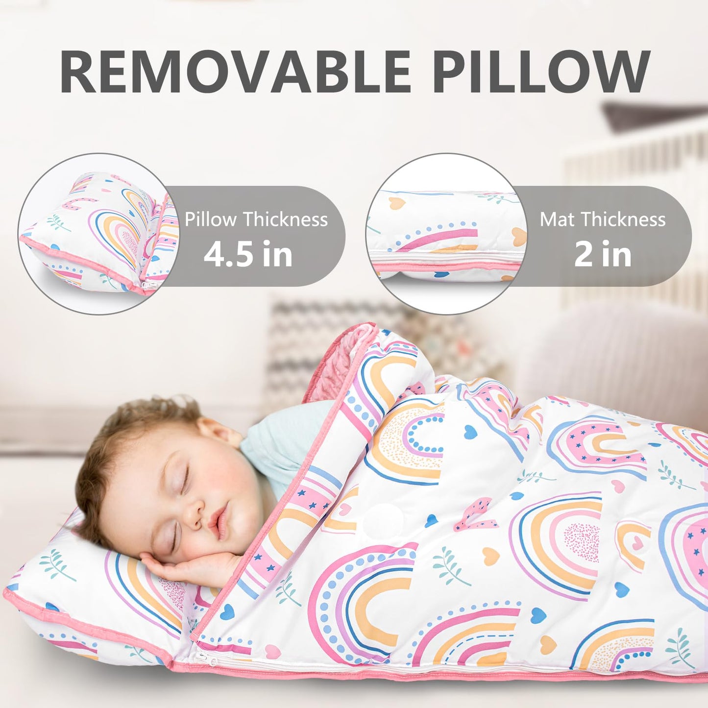 PRIMLECT Toddler Nap Mat Extra Large 55x22 with Detachable Minky Blanket & Pillow — Rainbow