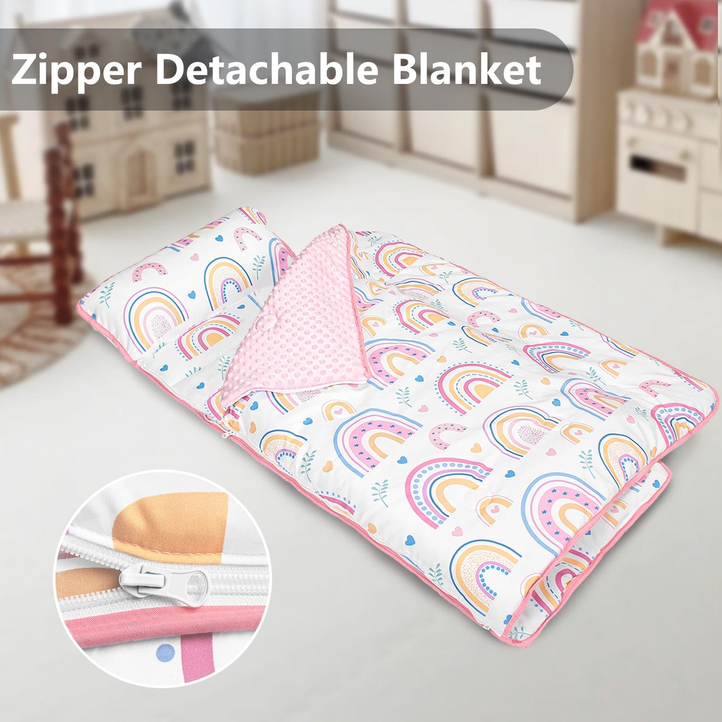 PRIMLECT Toddler Nap Mat Extra Large 55x22 with Detachable Minky Blanket & Pillow — Rainbow