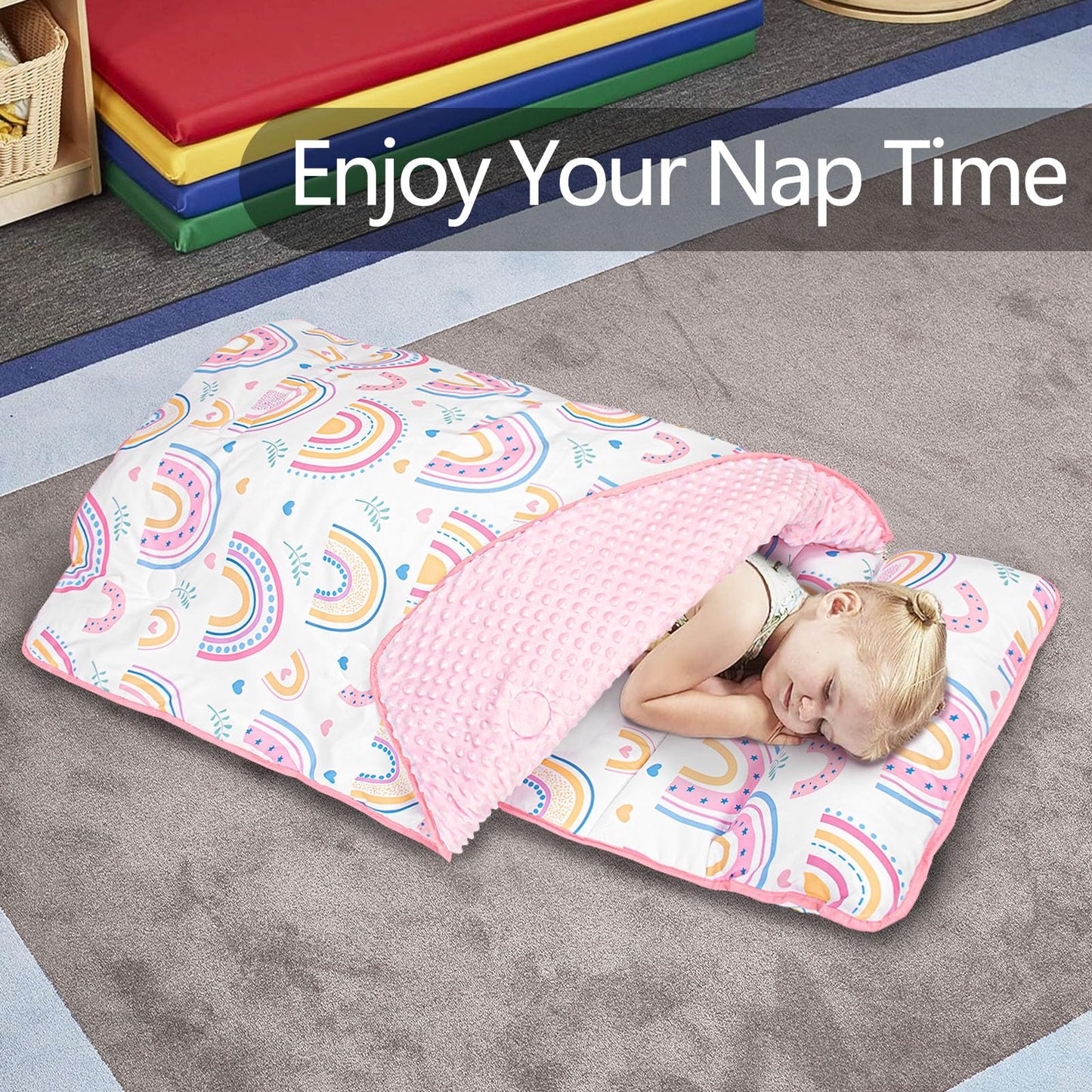 PRIMLECT Toddler Nap Mat Extra Large 55x22 with Detachable Minky Blanket & Pillow — Rainbow