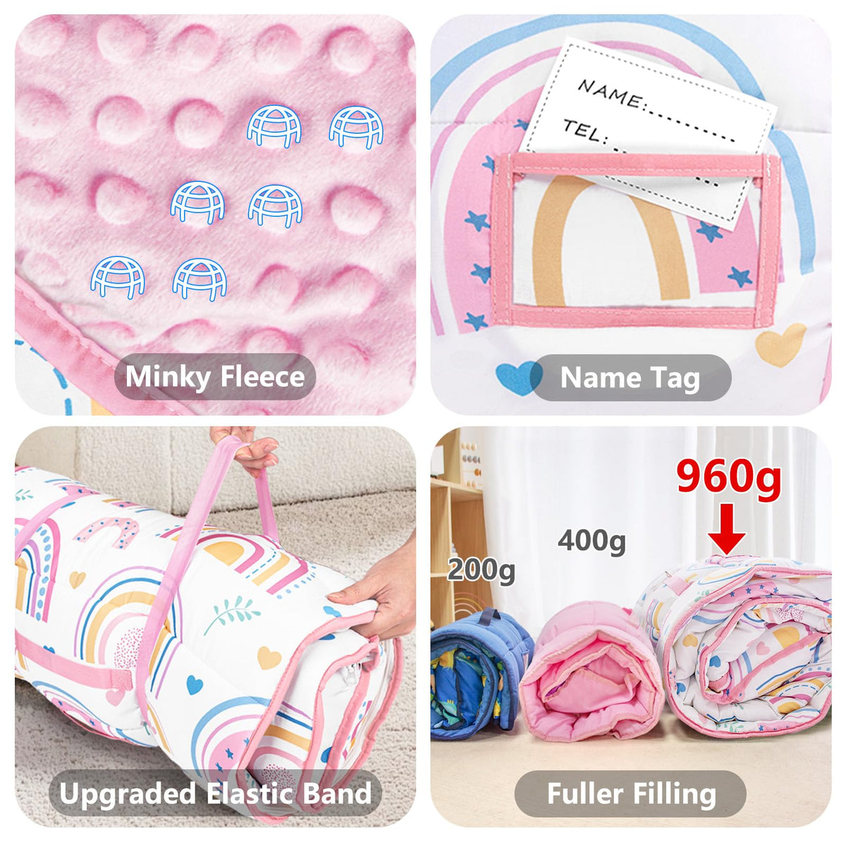 PRIMLECT Toddler Nap Mat Extra Large 55x22 with Detachable Minky Blanket & Pillow — Rainbow