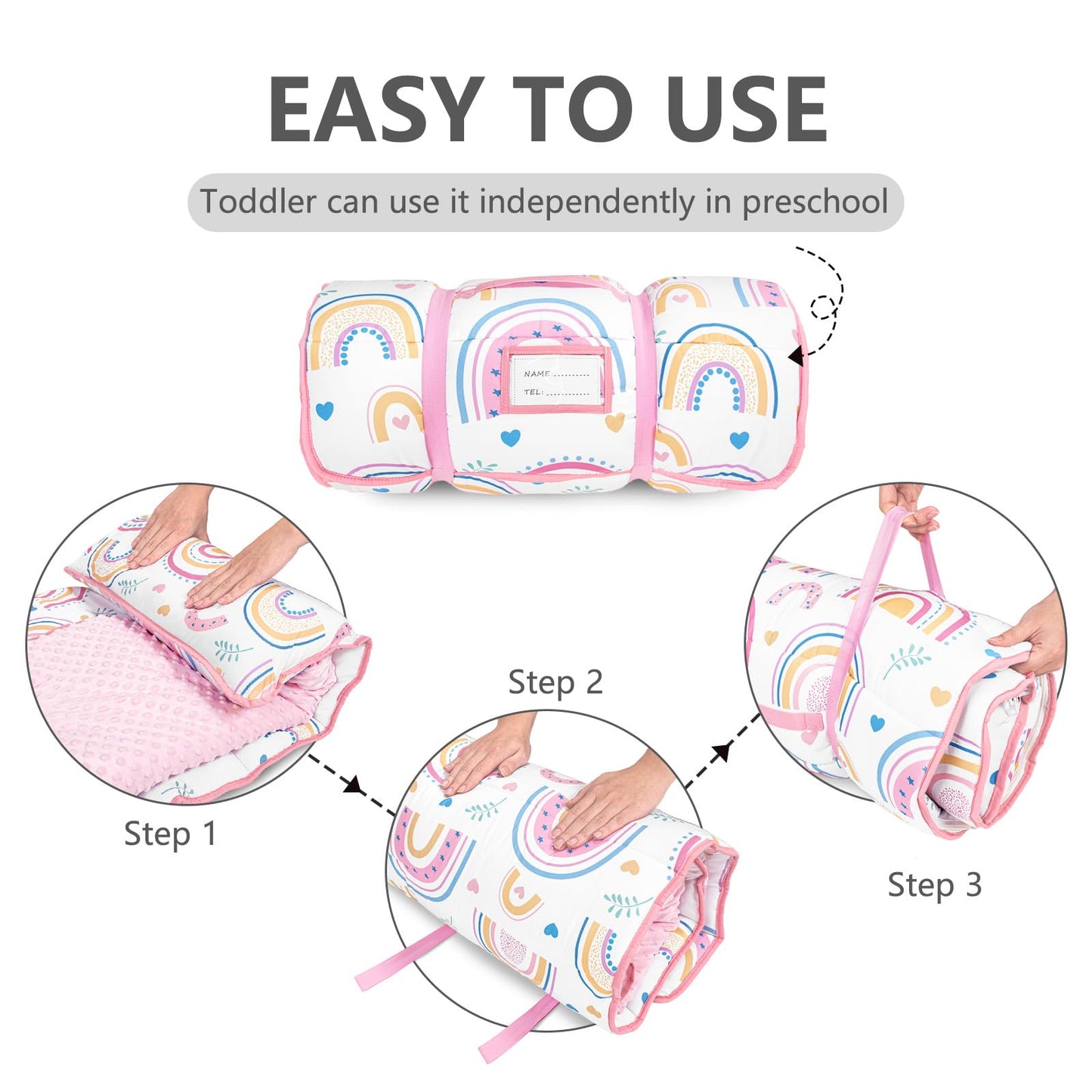 PRIMLECT Toddler Nap Mat Extra Large 55x22 with Detachable Minky Blanket & Pillow — Rainbow