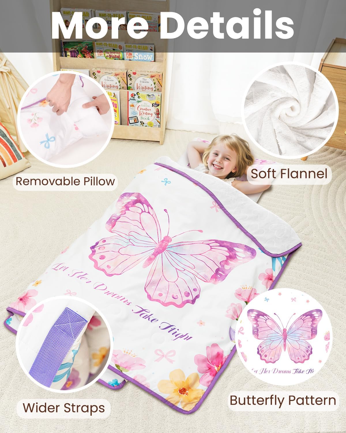 PRIMLECT Toddler Nap Mat with Removable Pillow & Flannel Blanket – Butterfly