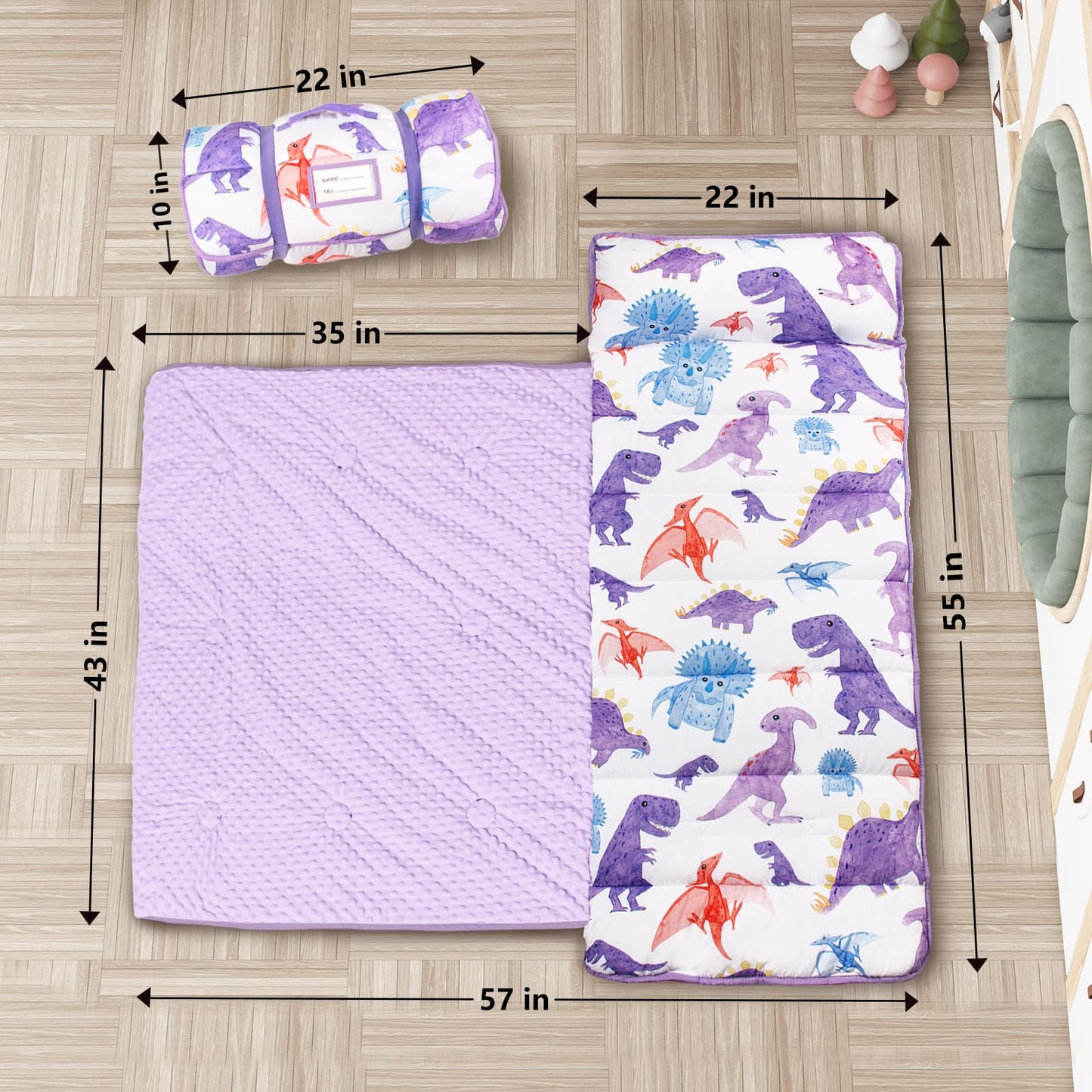 PRIMLECT Thickened Toddler Nap Mat with Removable Pillow & Minky Blanket – Extra Large 55''x35'' Dinosaur