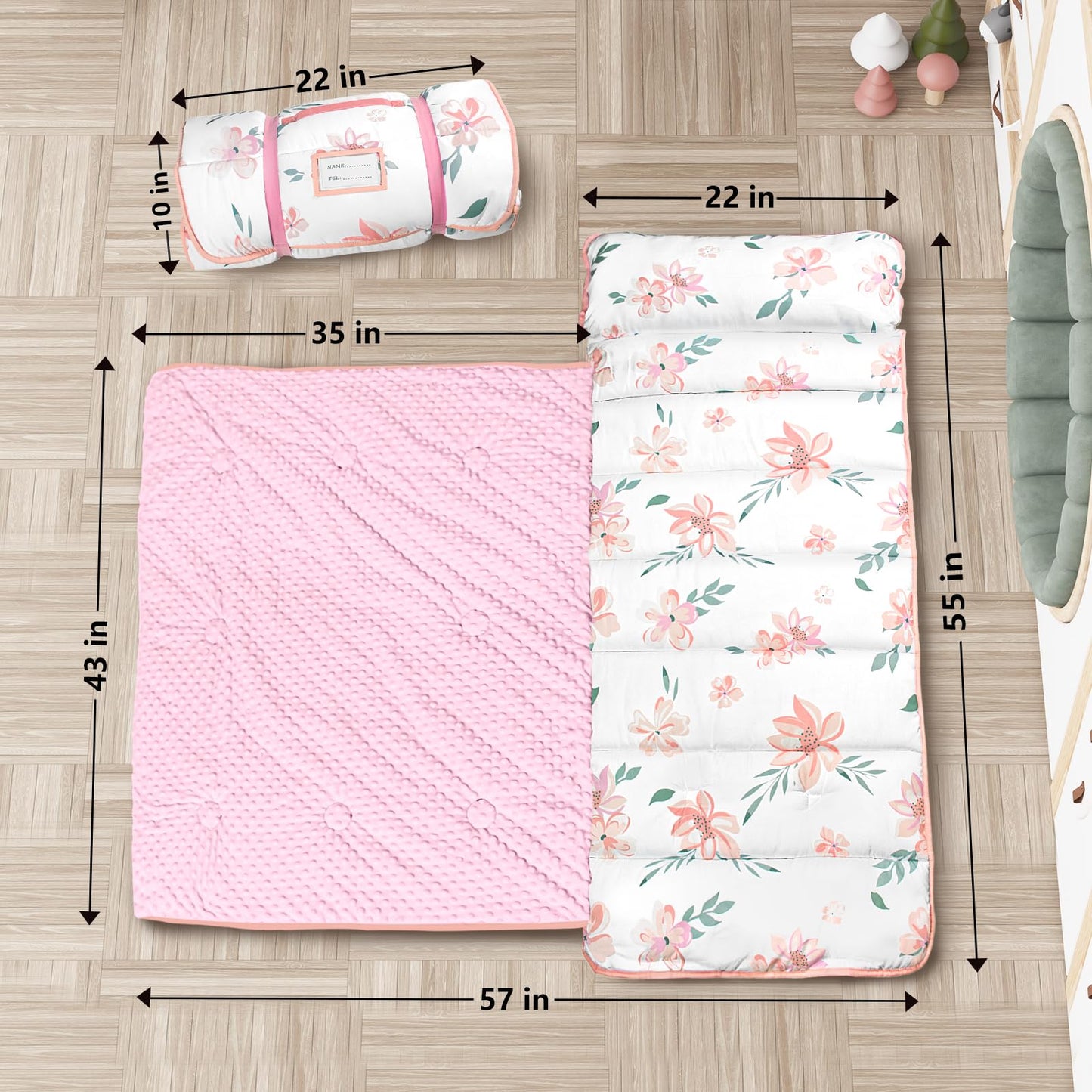 Primlect Thickened Toddler Nap Mat with Removable Pillow & Minky Blanket — Floral Pattern, Extra Large 55''x35'' for Daycare