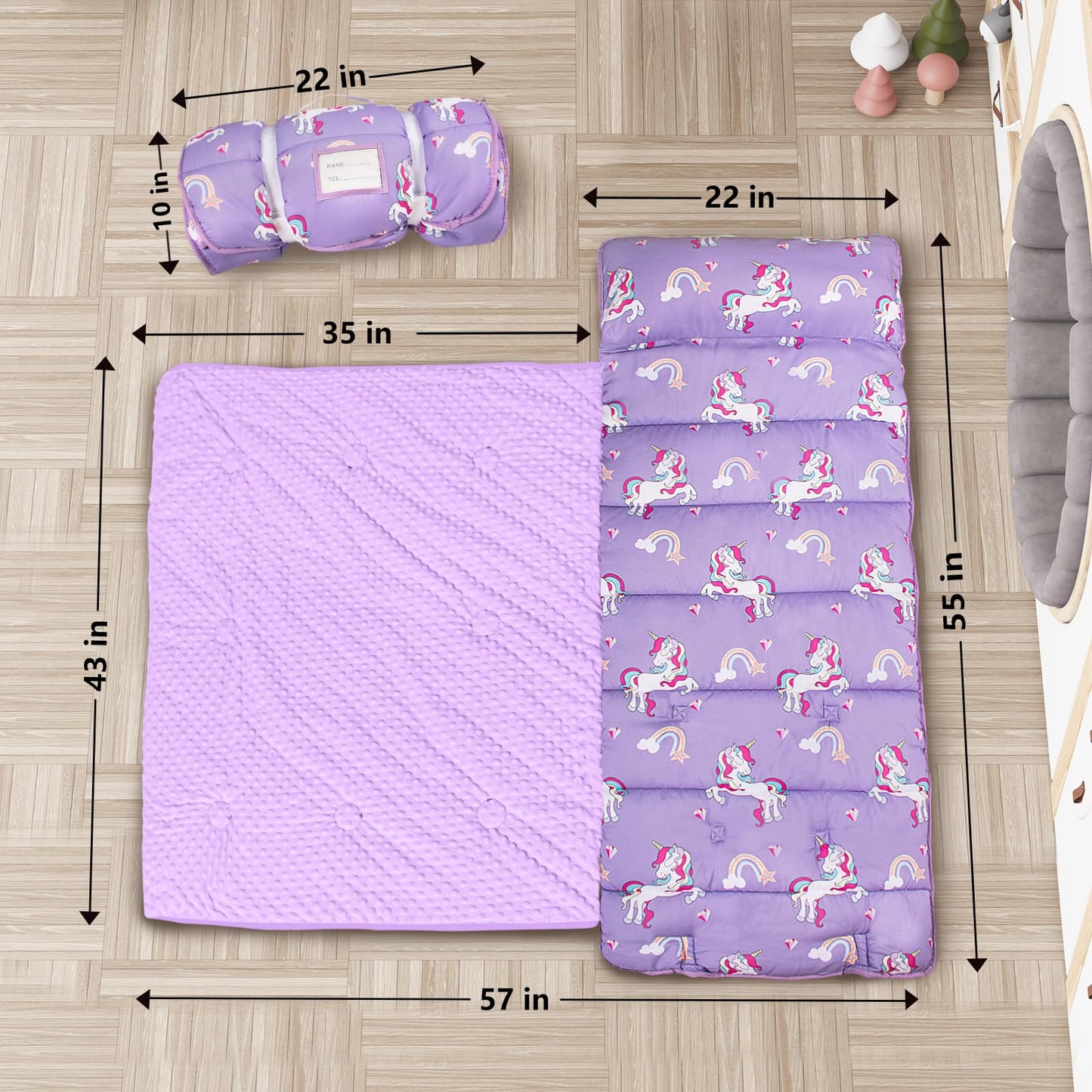 Primlect Thickened Toddler Nap Mat with Removable Pillow & Minky Blanket — Extra Large 55x35 Roll-Up