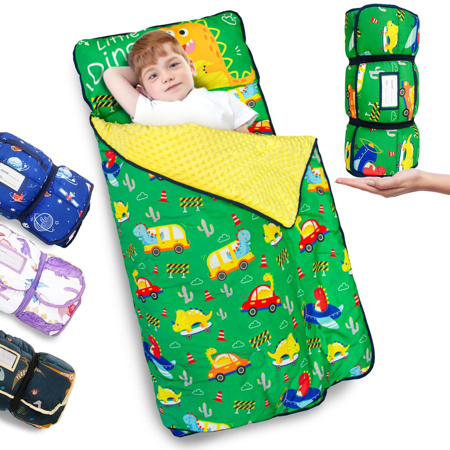 PRIMLECT Thickened Toddler Nap Mat with Removable Pillow & Minky Blanket — 55''x35'', Washable & Rollable