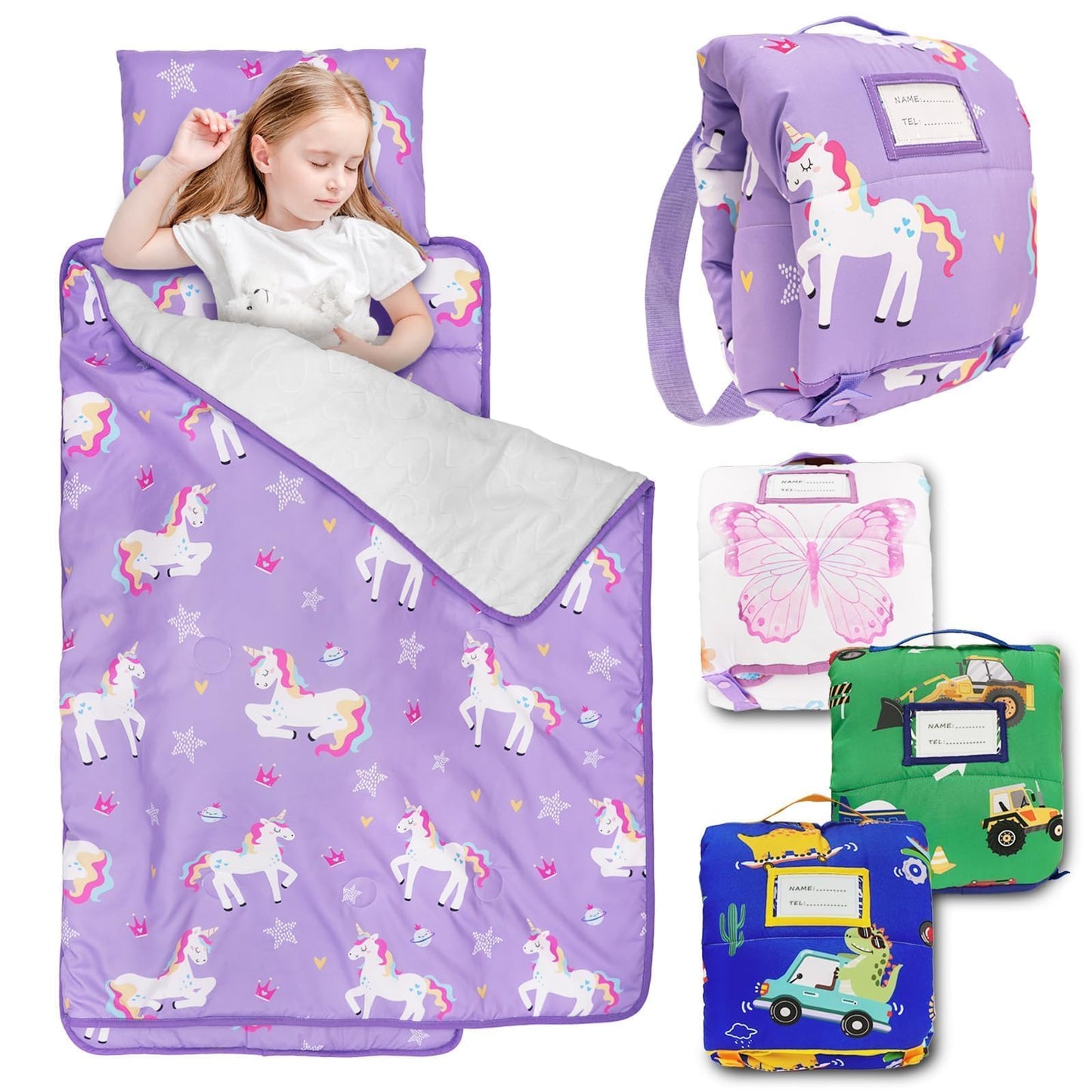 Primlect Toddler Nap Mat with Removable Pillow & Flannel Blanket | Portable Sleep Bag for Daycare, Ages 3–6 (Purple)