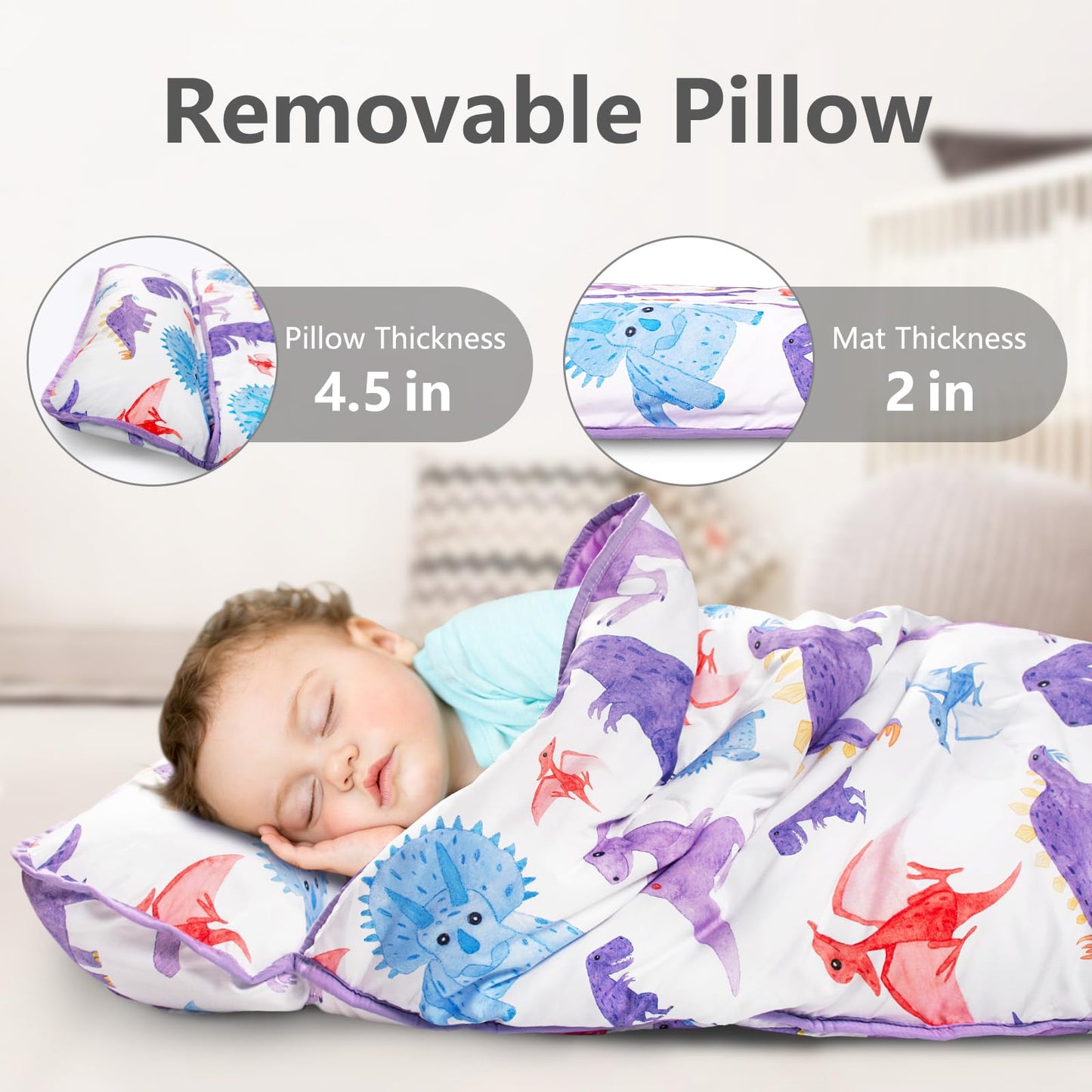 PRIMLECT Thickened Toddler Nap Mat with Removable Pillow & Minky Blanket – Extra Large 55''x35'' Dinosaur