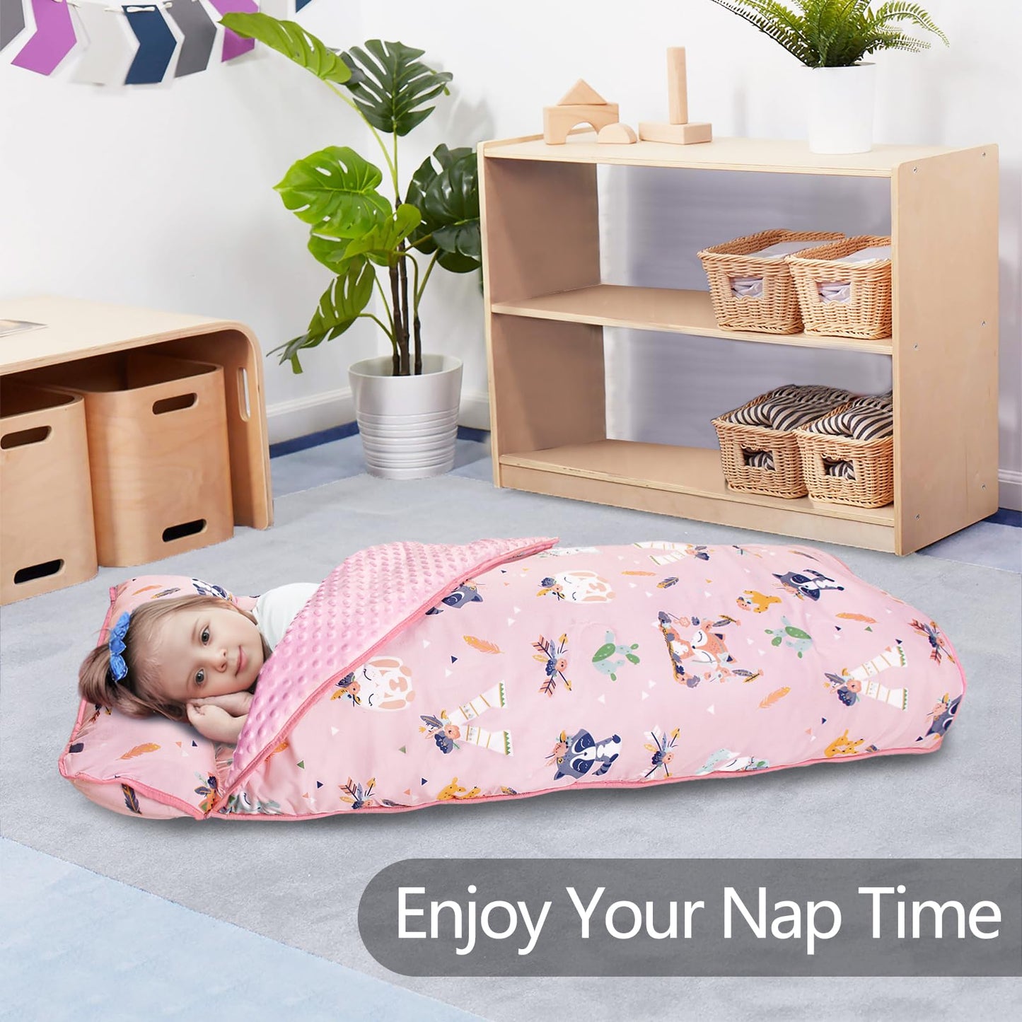 PRIMLECT Thickened Toddler Nap Mat with Removable Pillow & Minky Blanket – Extra Large 55x35 in Pink Fox